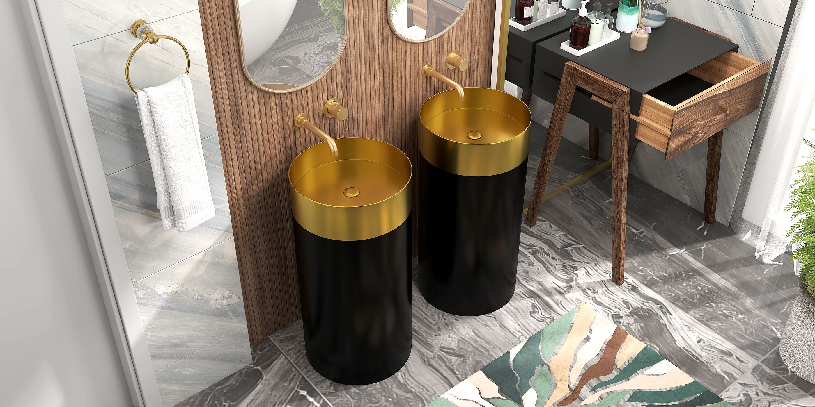 HMR - Wall Mounted Single Lever Bathroom Sink Swivel Faucet in Brushed Brass