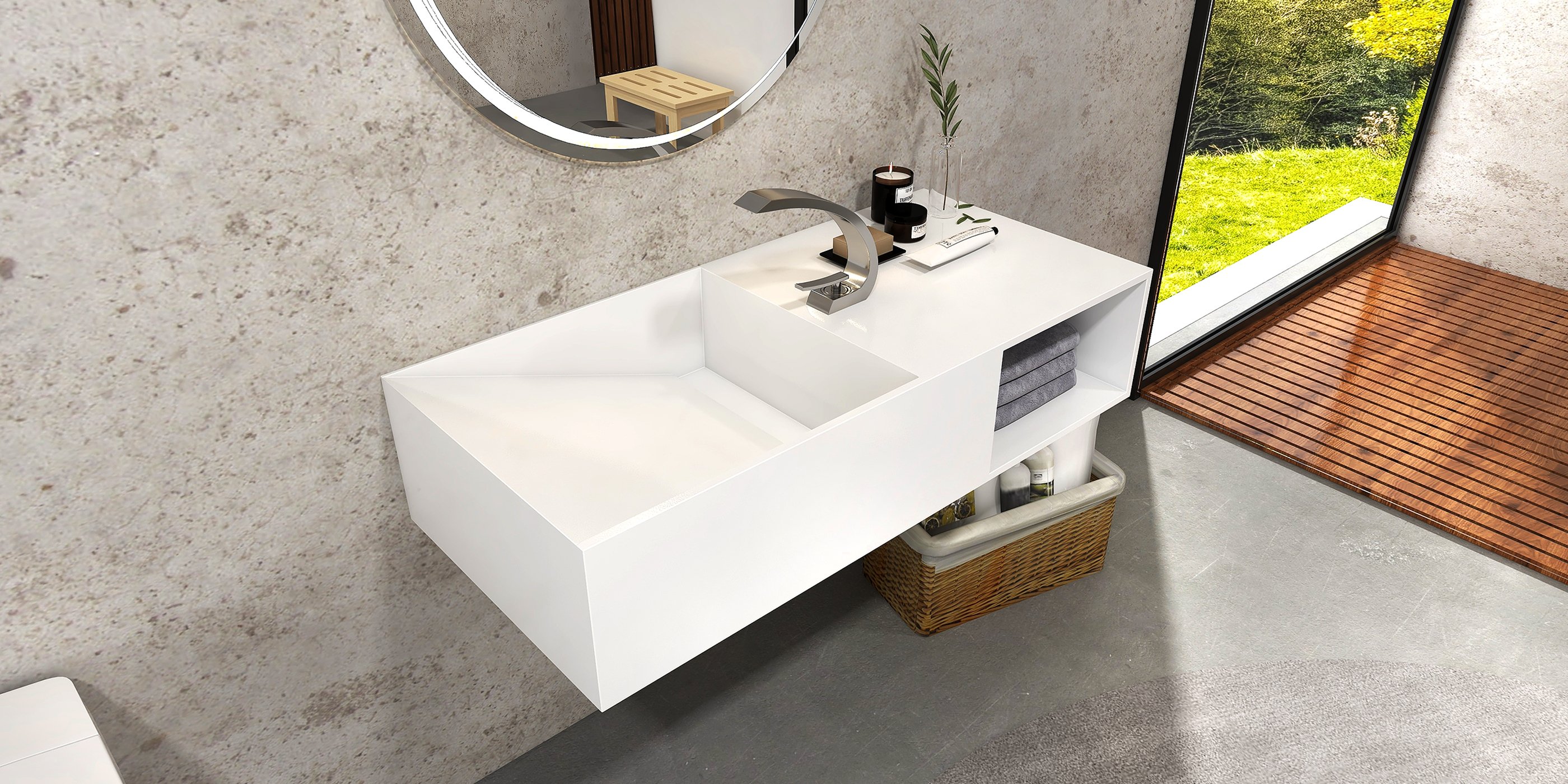 HMR - Wall-Mount Bathroom with Storage Cubby Hole in 35"L, Matte White