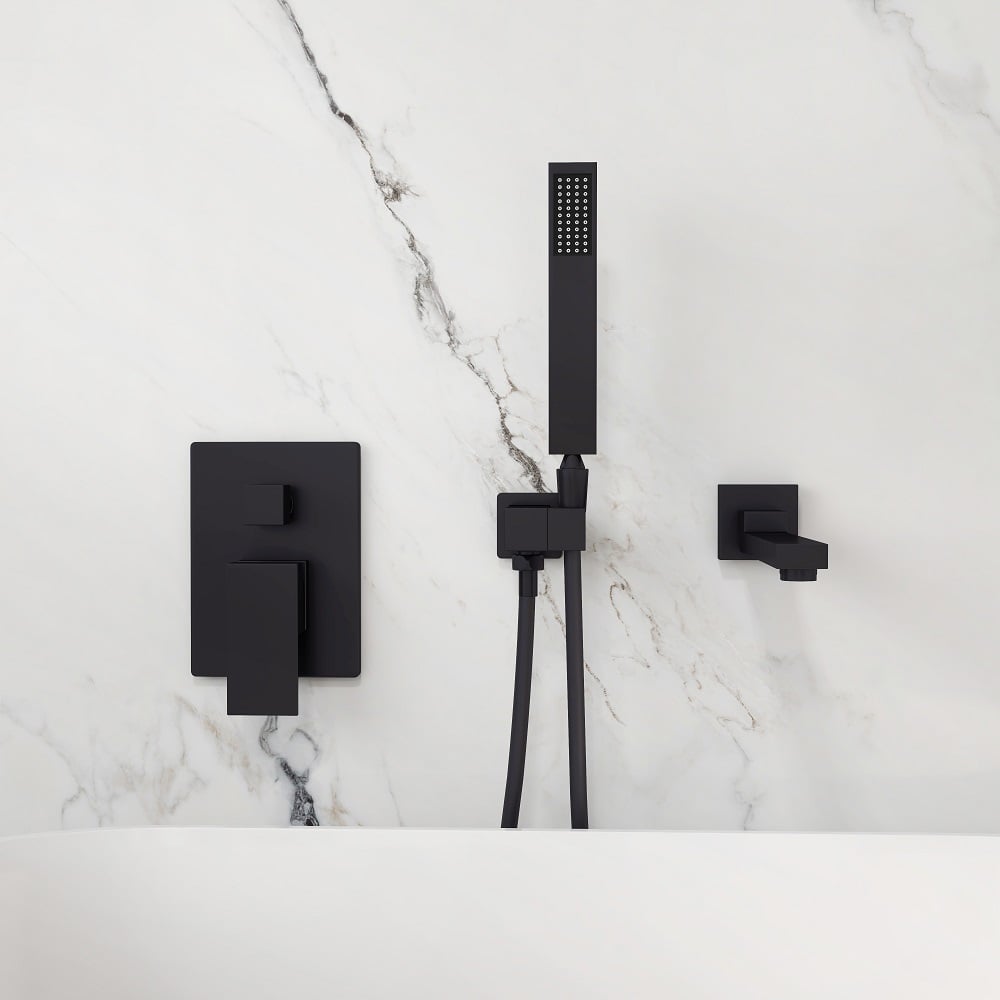 HMR Ultramodern Wall Mounted Swirling Tub Filler Faucet with Hand Shower - Matte Black