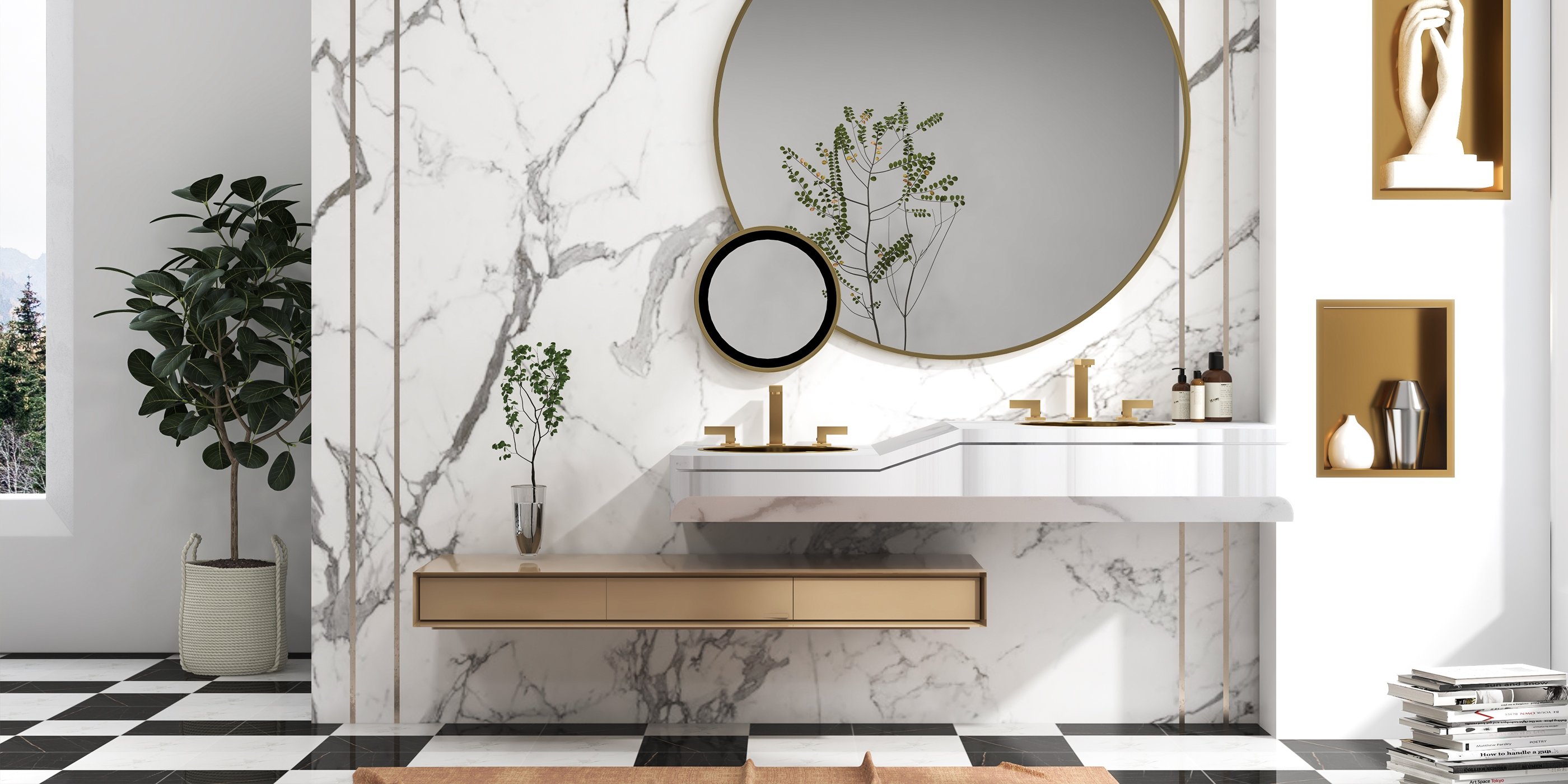 HMR Modern Widespread Bathroom Sink Faucet Double Handle - Brushed Gold