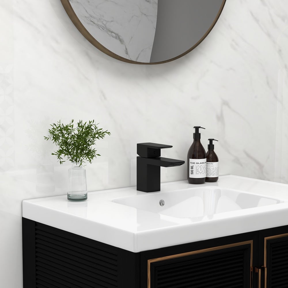 HMR - Minimalist Style Single Hole 1-Handle Waterfall Bathroom Sink Faucet in Matte Black