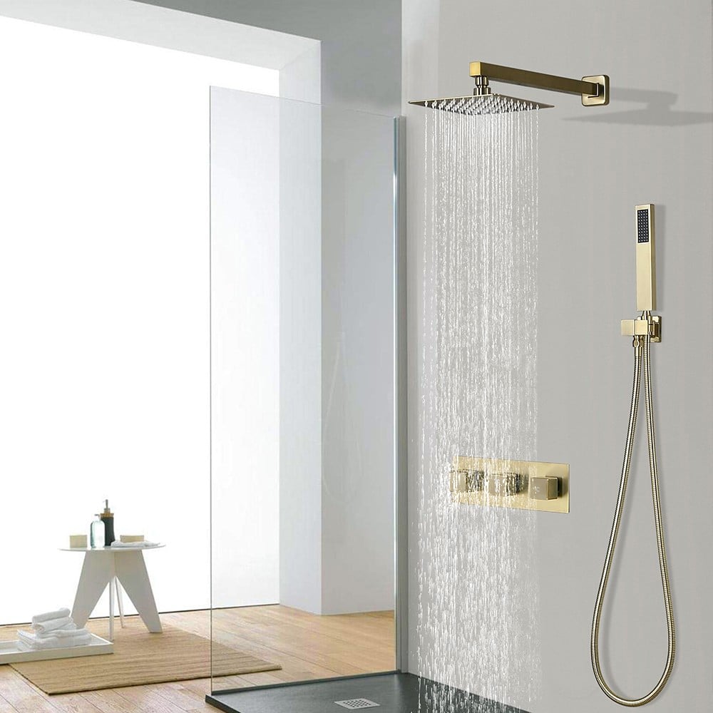 HMR - Wall Mounted 8" Solid Brass Shower System with Hand Shower in Brushed Gold