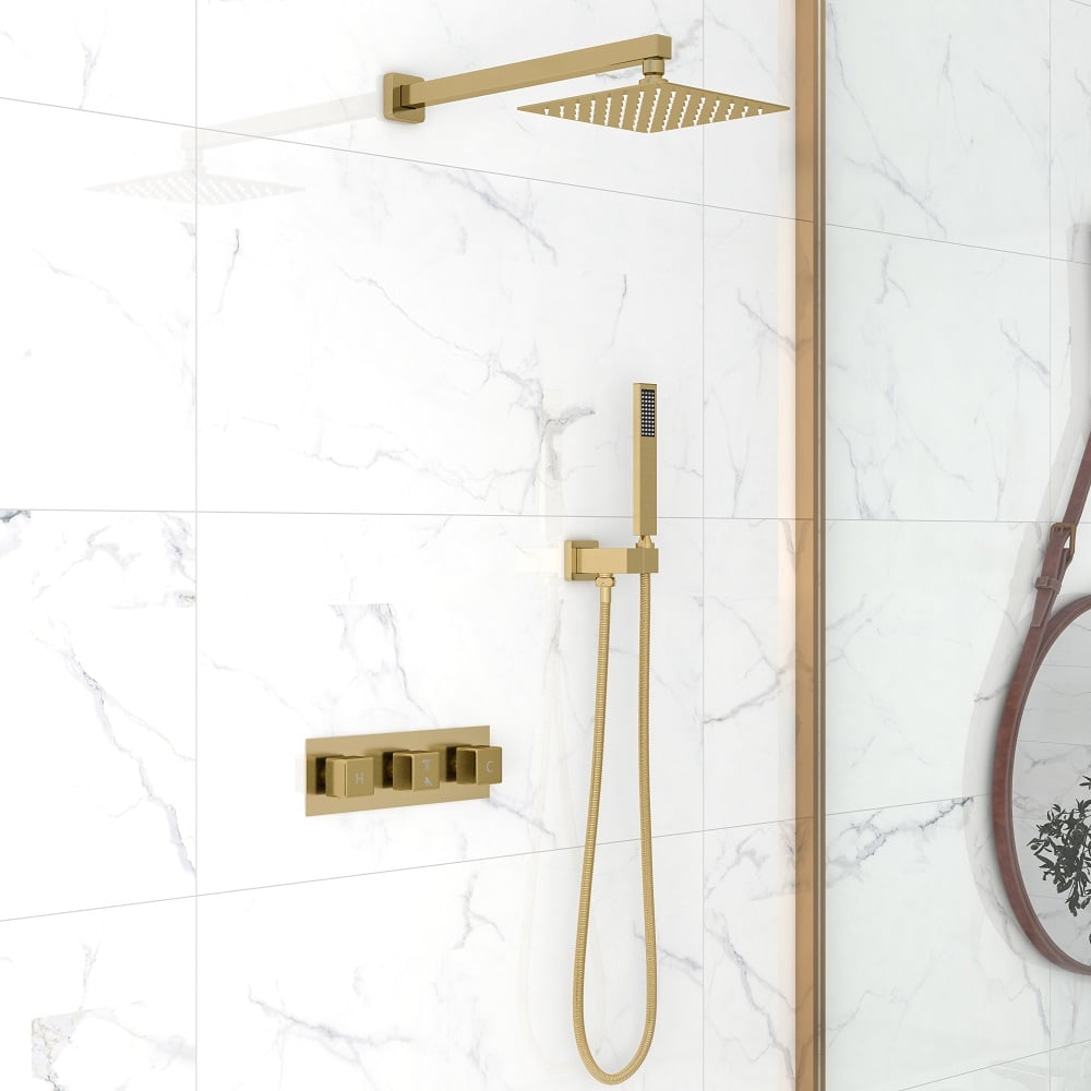 HMR - Wall Mounted 8" Solid Brass Shower System with Hand Shower in Brushed Gold