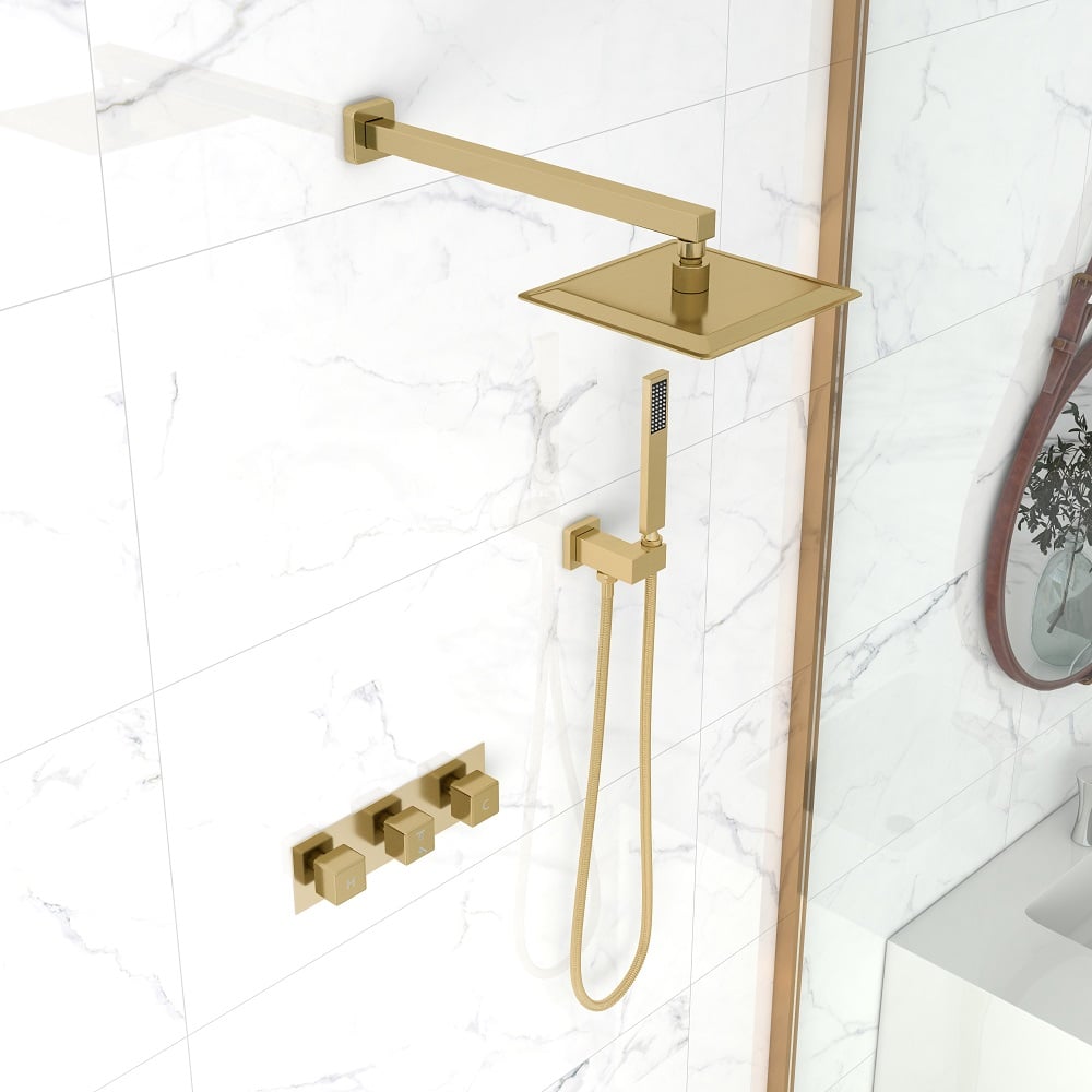 HMR - Wall Mounted 8" Solid Brass Shower System with Hand Shower in Brushed Gold