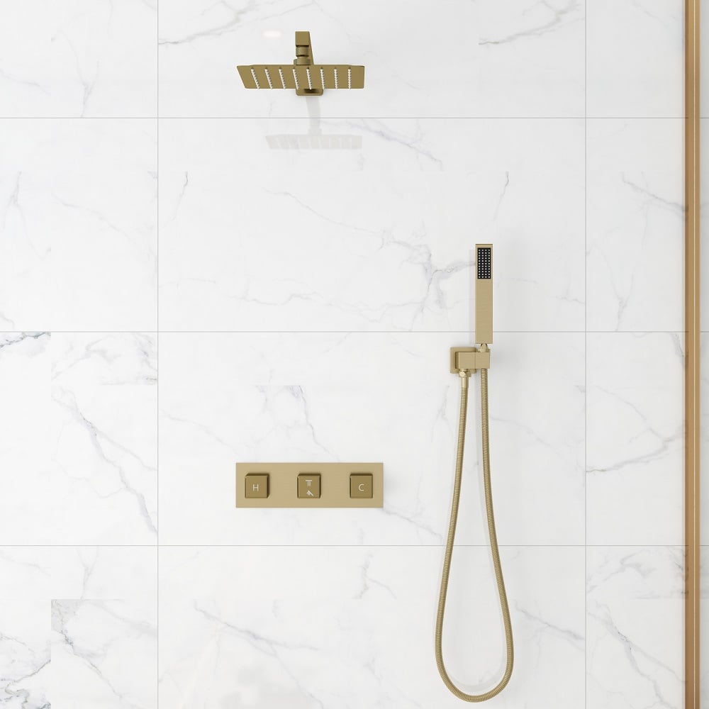 HMR - Wall Mounted 8" Solid Brass Shower System with Hand Shower in Brushed Gold