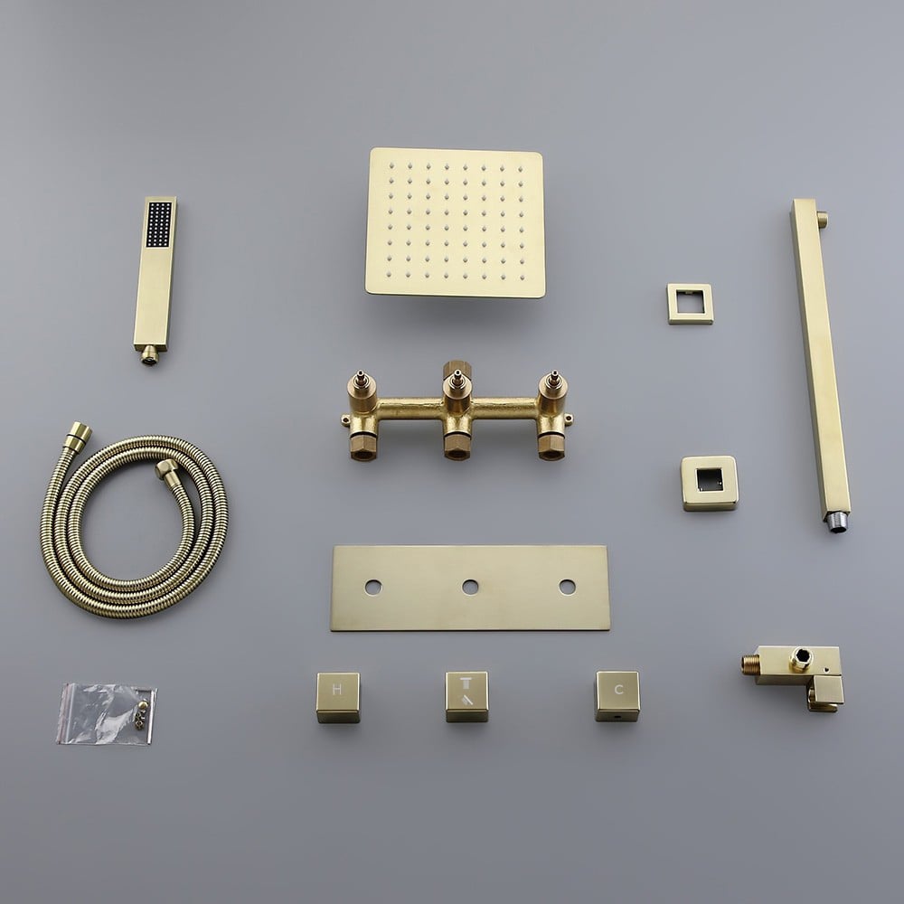 HMR - Wall Mounted 8" Solid Brass Shower System with Hand Shower in Brushed Gold