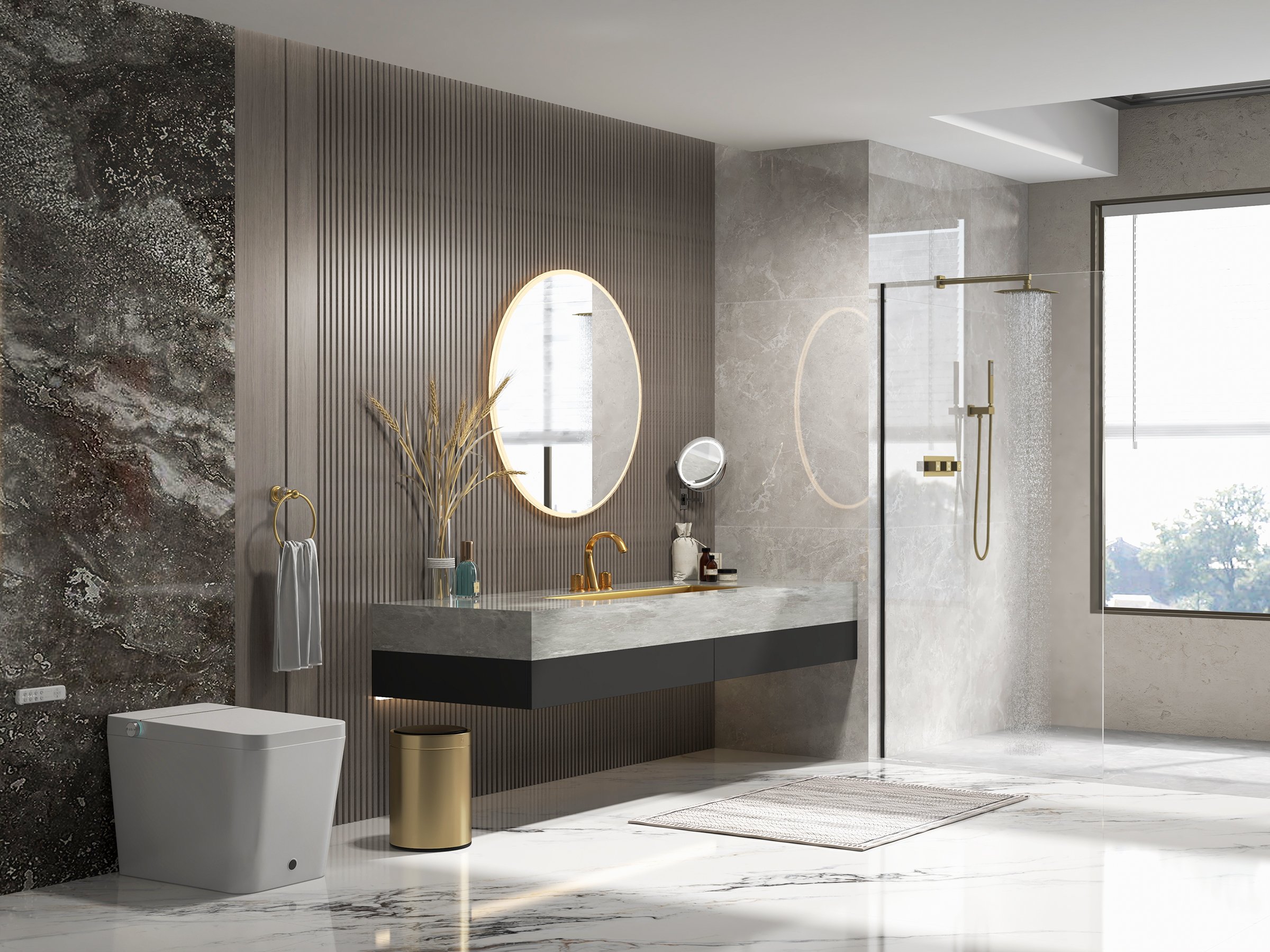 HMR - Wall Mounted 8" Solid Brass Shower System with Hand Shower in Brushed Gold