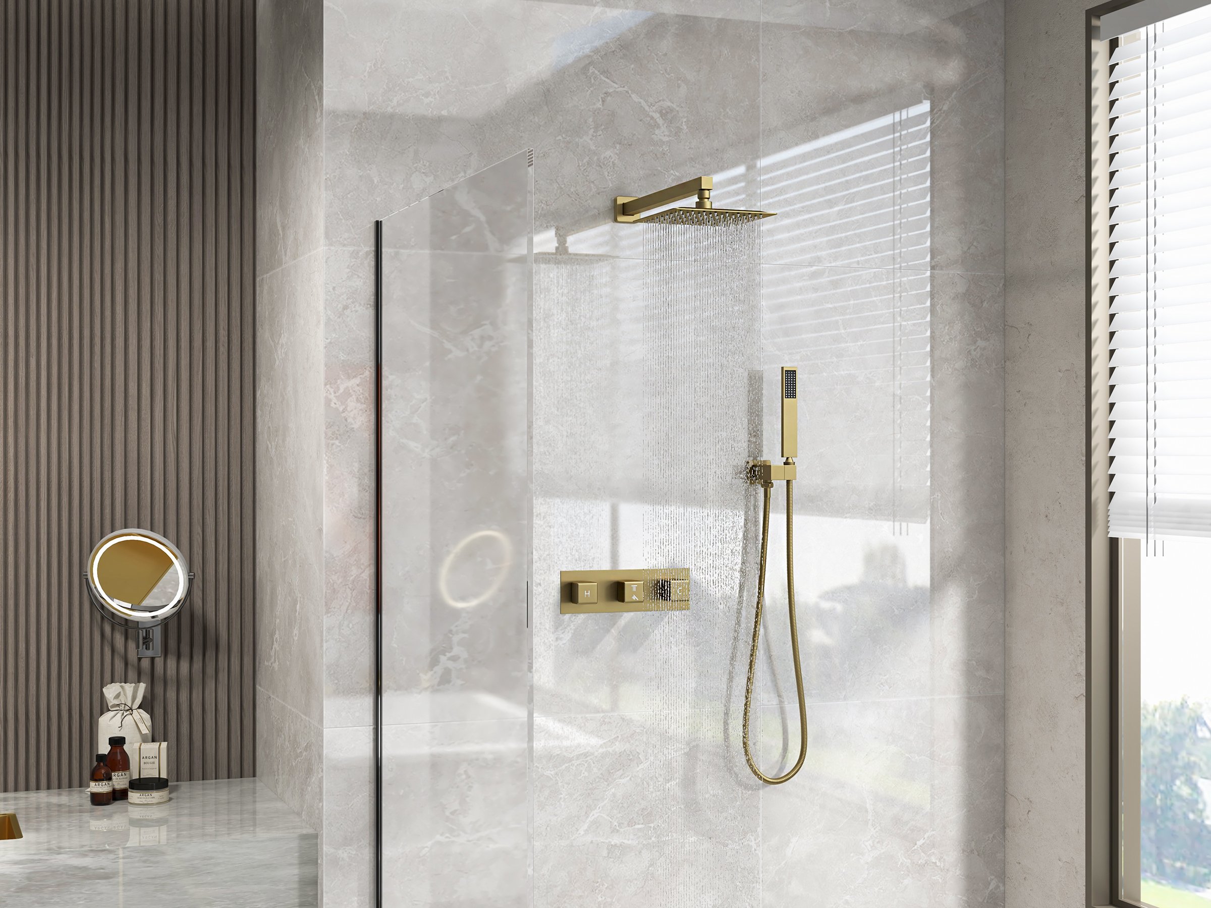 HMR - Wall Mounted 8" Solid Brass Shower System with Hand Shower in Brushed Gold