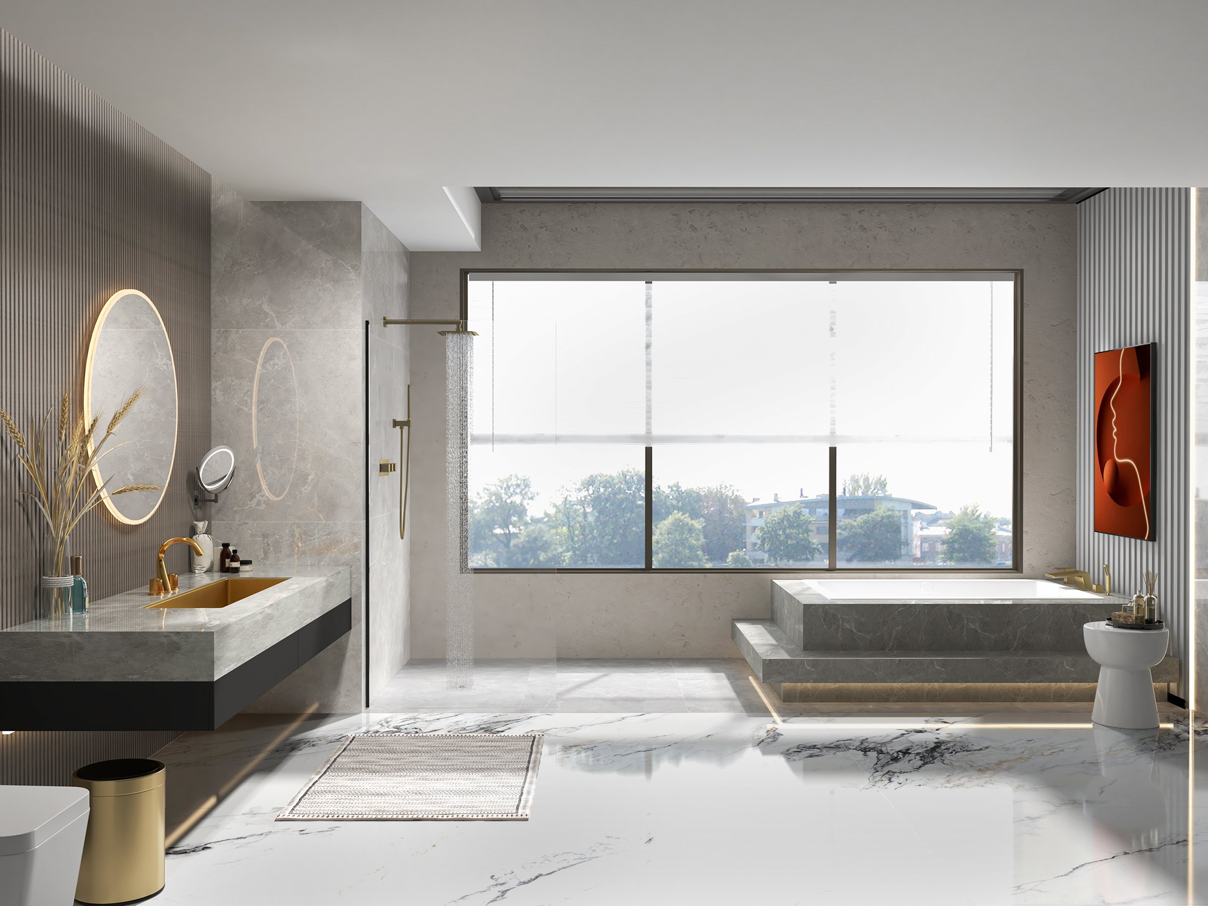 HMR - Wall Mounted 8" Solid Brass Shower System with Hand Shower in Brushed Gold