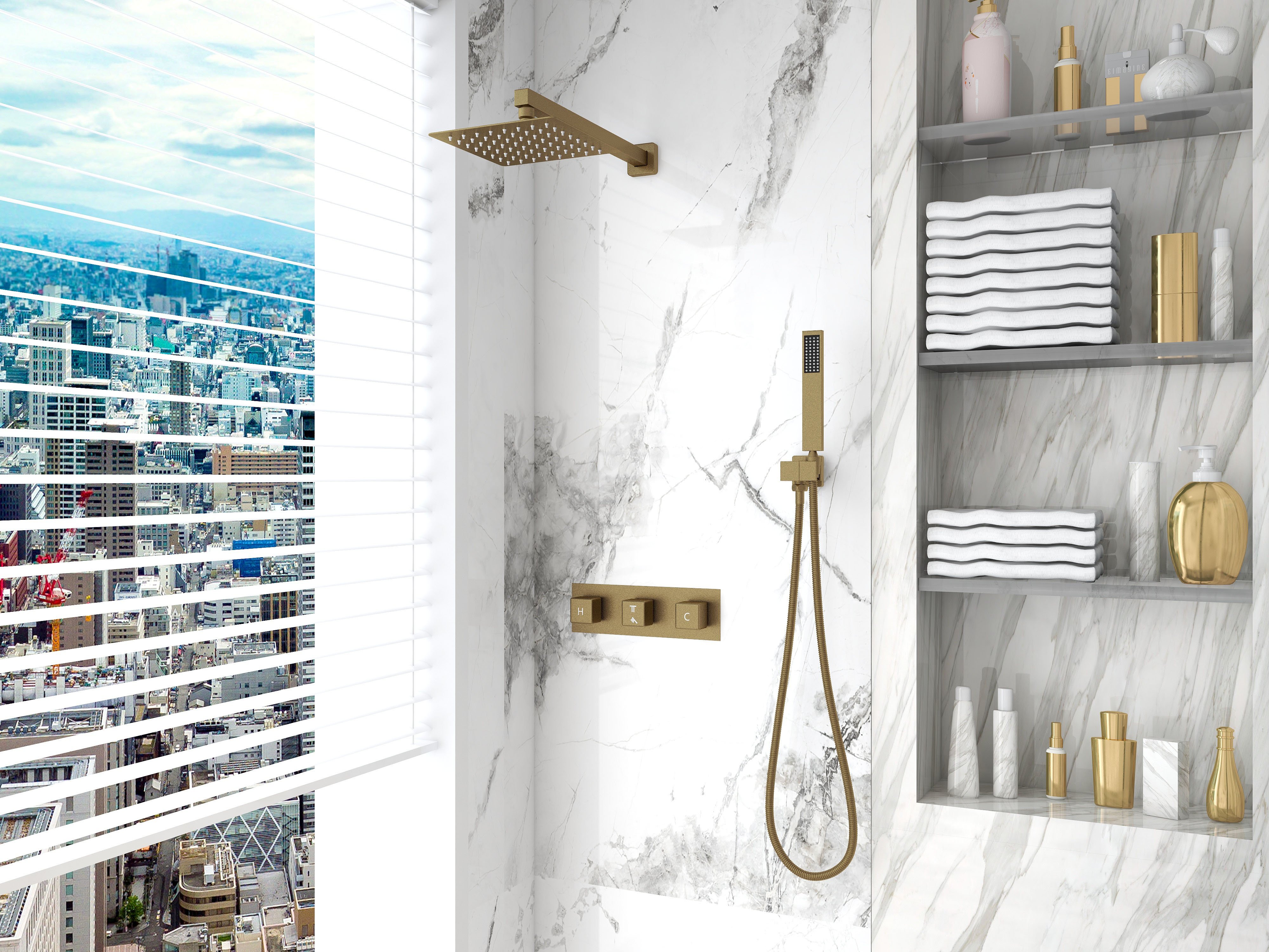 HMR - Wall Mounted 8" Solid Brass Shower System with Hand Shower in Brushed Gold