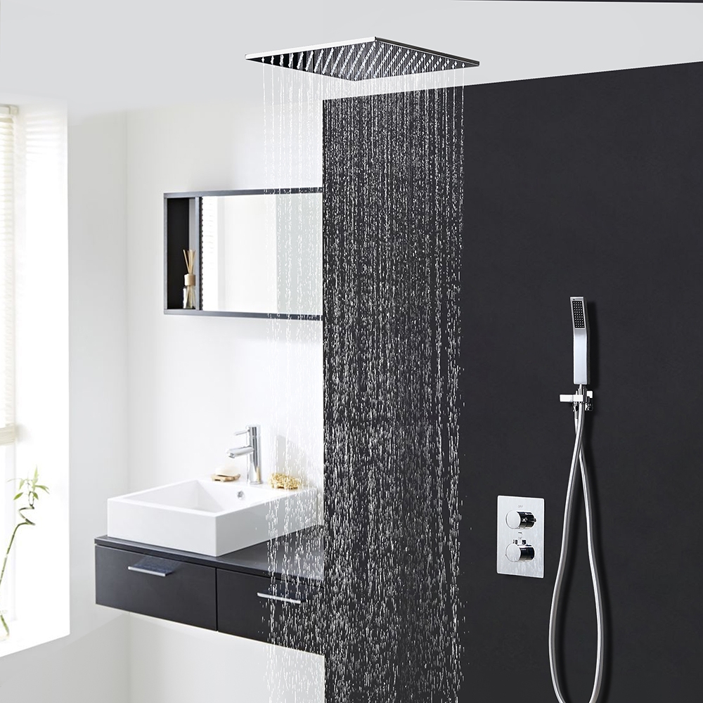 HMR - Thermostatic Solid Brass Rain Shower System with Hand Shower in 16", Polished Chrome