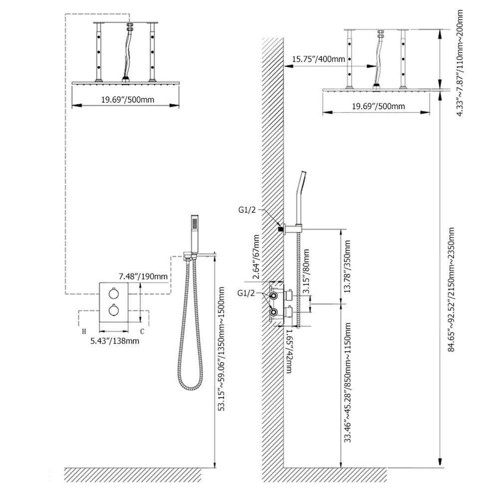 HMR Thermostatic 20" Shower System with Handheld Shower - Matte Black