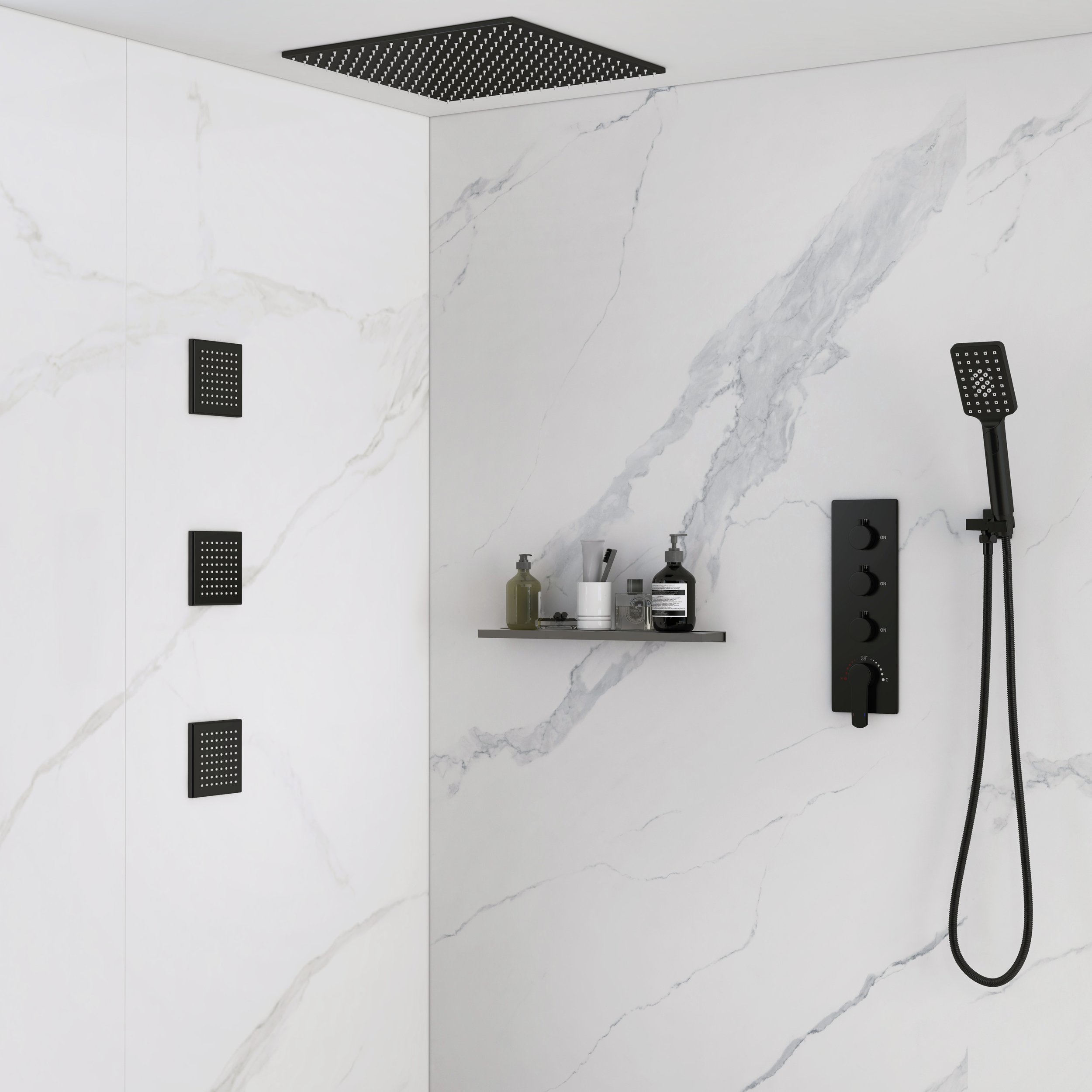 HMR 16" Standard Shower System with Hand Shower and 3 Body Jets - Black