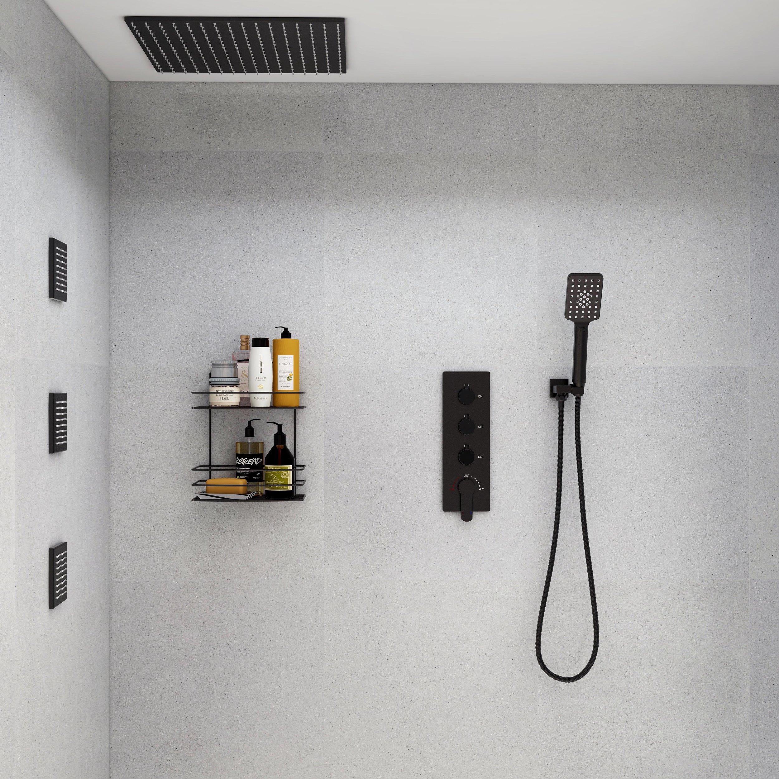 HMR 16" Standard Shower System with Hand Shower and 3 Body Jets - Black