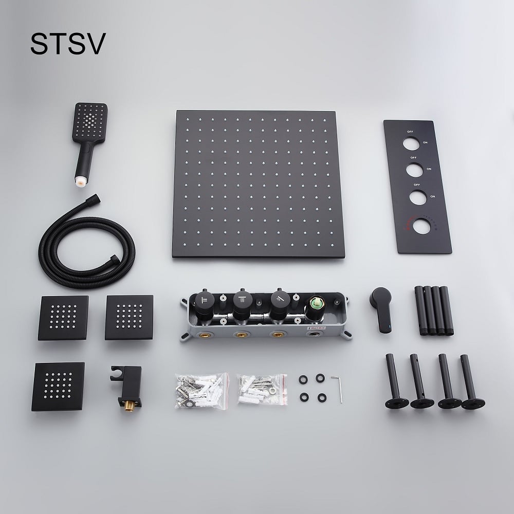 HMR 16" Standard Shower System with Hand Shower and 3 Body Jets - Black