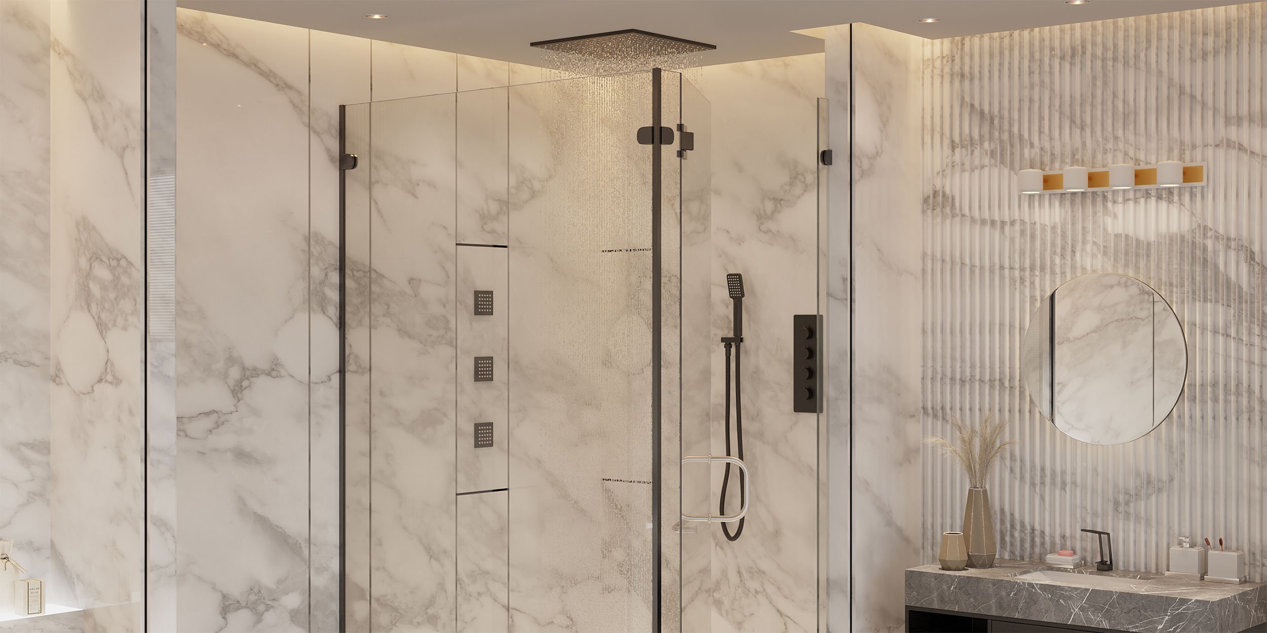 HMR - 20'' Thermostatic Shower System with Hand Shower and 3 Body Jets