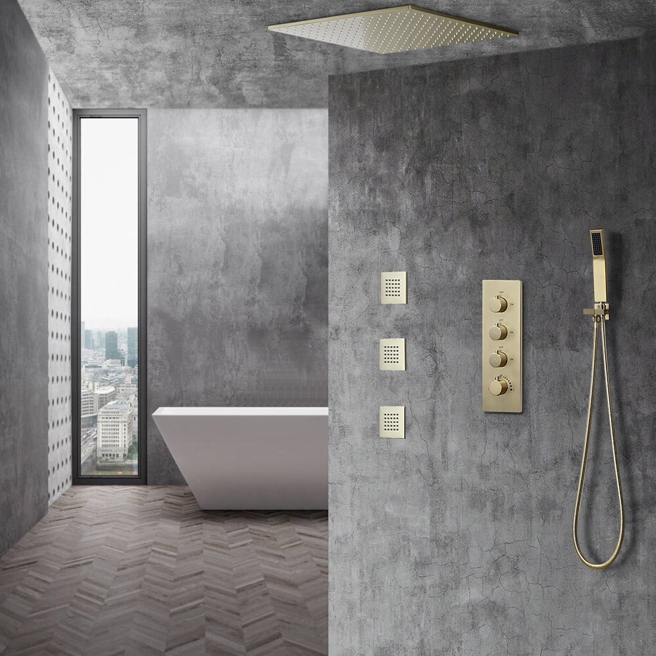 HMR - Thermostatic Shower System with Hand Shower and 3 Body Jet Sprays in Brushed Gold