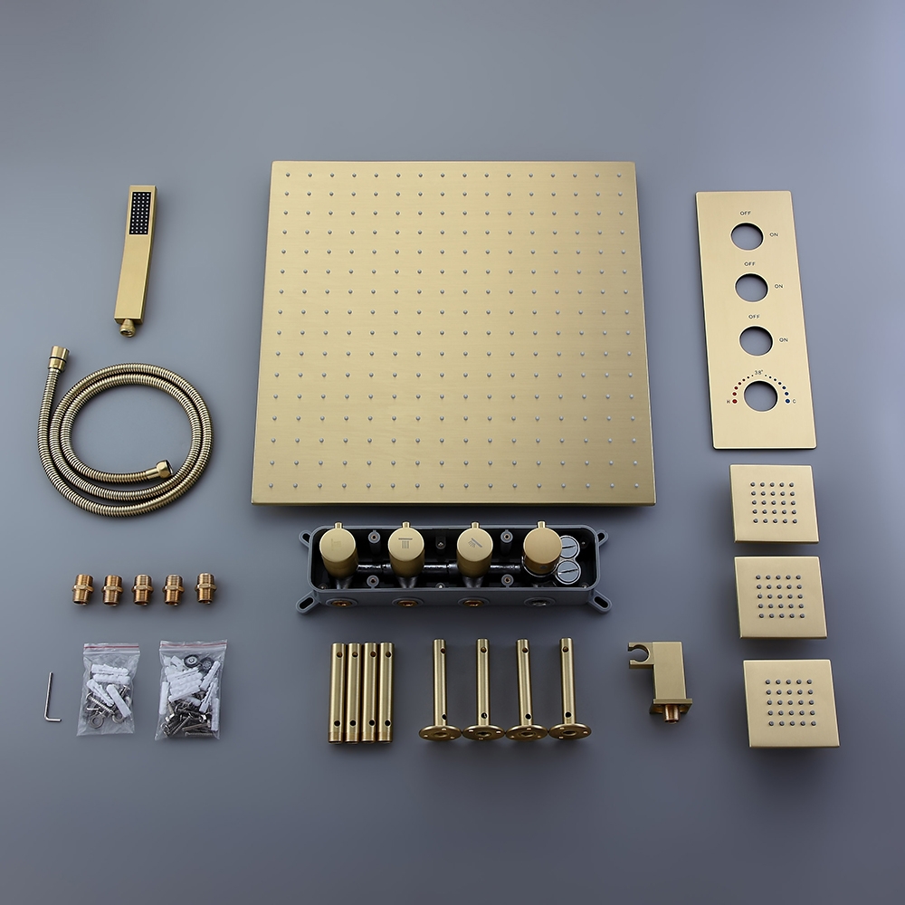 HMR - Thermostatic Shower System with Hand Shower and 3 Body Jet Sprays in Brushed Gold