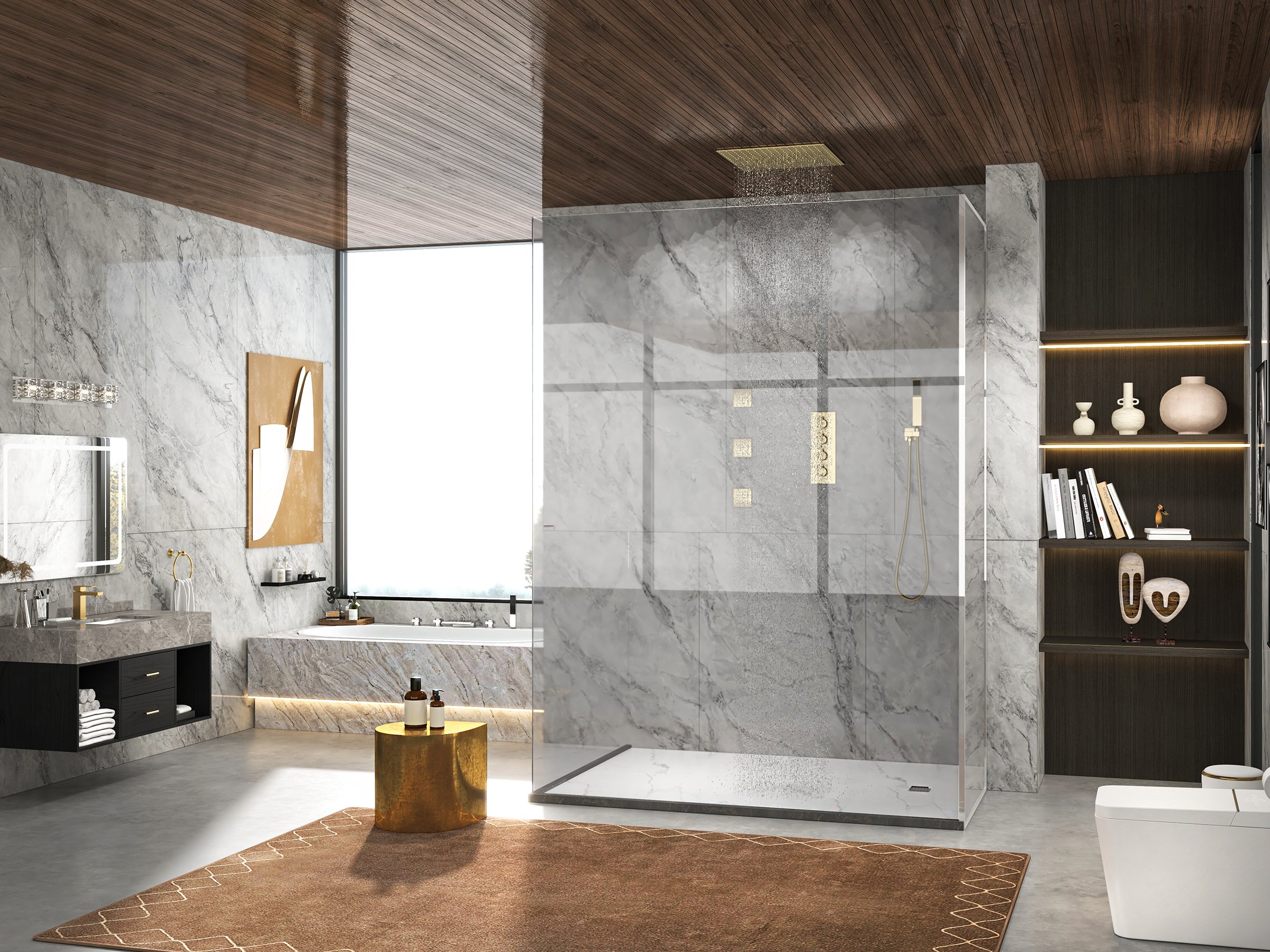 HMR - Thermostatic Shower System with Hand Shower and 3 Body Jet Sprays in Brushed Gold
