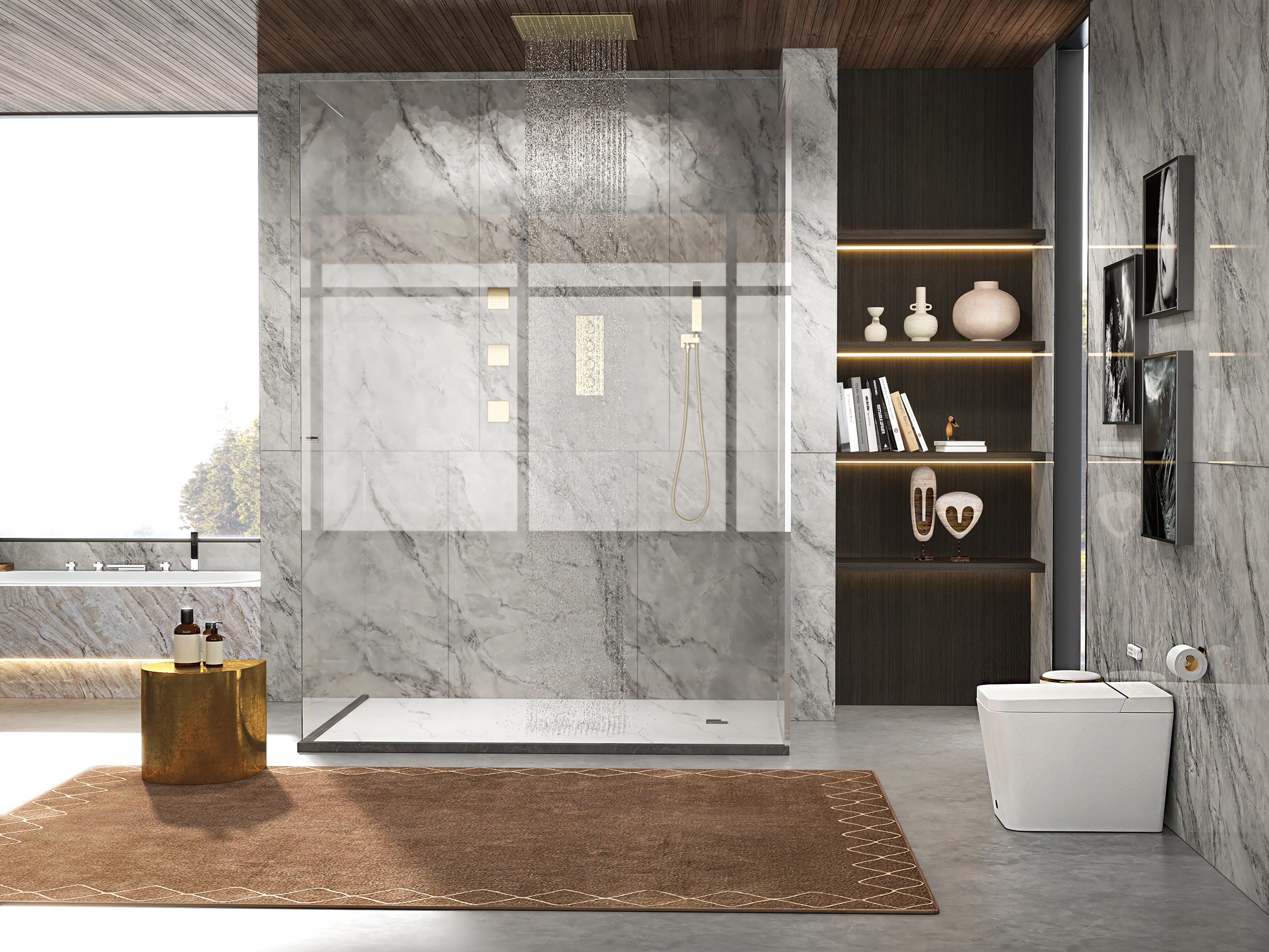 HMR - Thermostatic Shower System with Hand Shower and 3 Body Jet Sprays in Brushed Gold