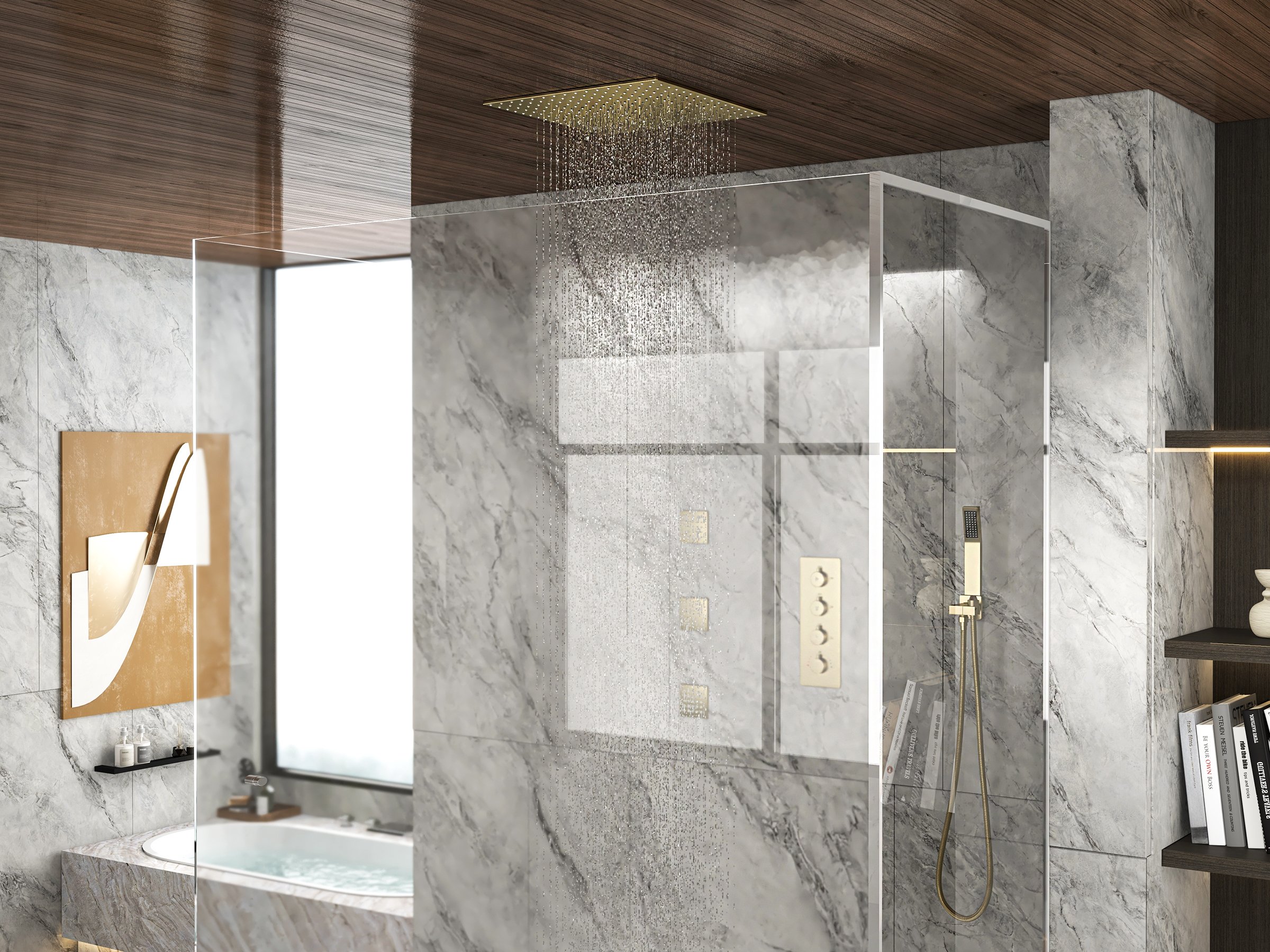 HMR - Thermostatic Shower System with Hand Shower and 3 Body Jet Sprays in Brushed Gold