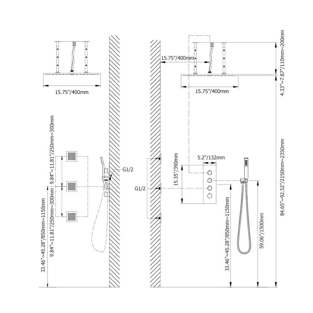 HMR - Modern Thermostatic Rain Shower System with Handheld Shower & 3 Body Sprays