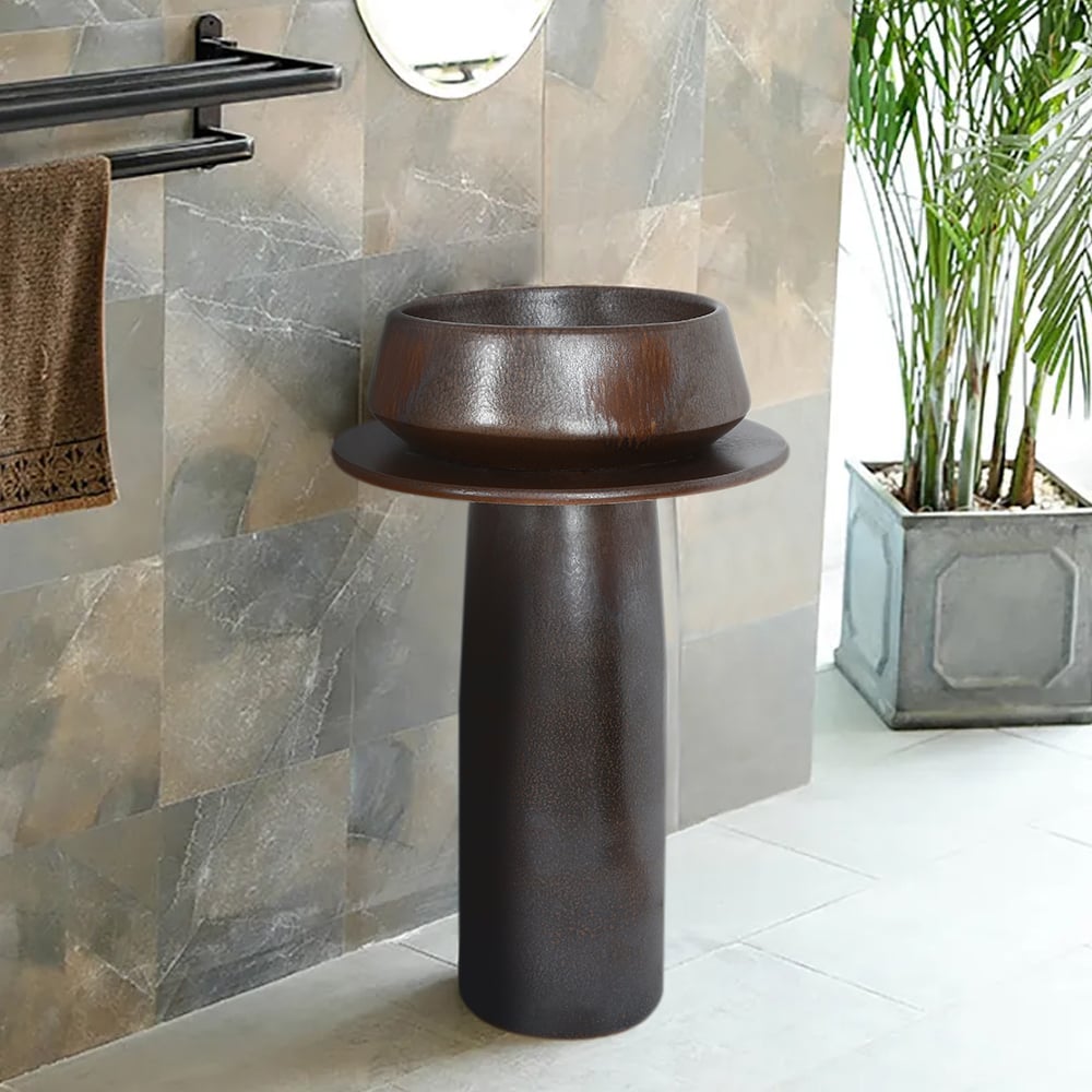 HMR - Vintage Retro Kaolin Clay Pedestal Sink Freestanding Bathroom Sink in Antique Brass
