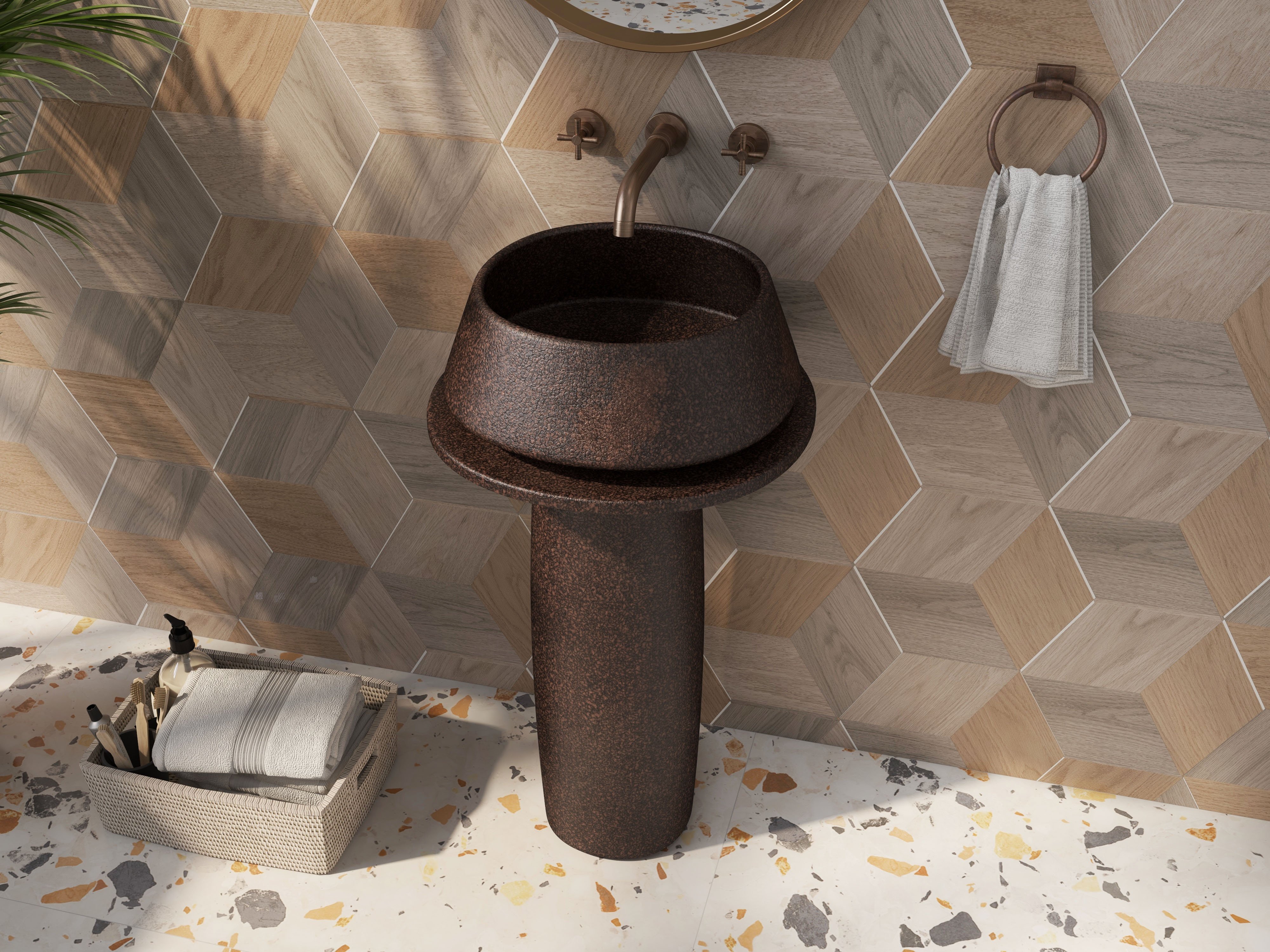 HMR - Vintage Retro Kaolin Clay Pedestal Sink Freestanding Bathroom Sink in Antique Brass
