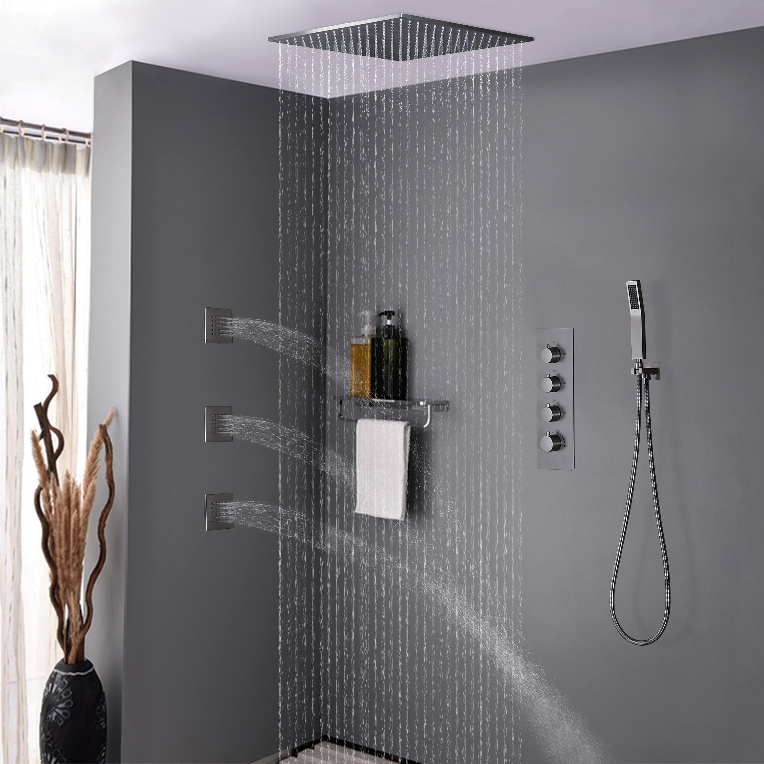 HMR - Flush Mount Shower System with Hand Shower and Body Jets in Thermostatic Shower Valve