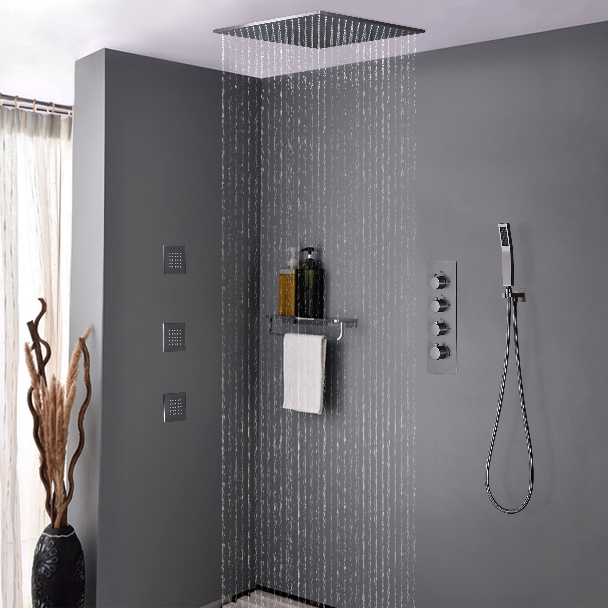 HMR - Flush Mount Shower System with Hand Shower and Body Jets in Thermostatic Shower Valve