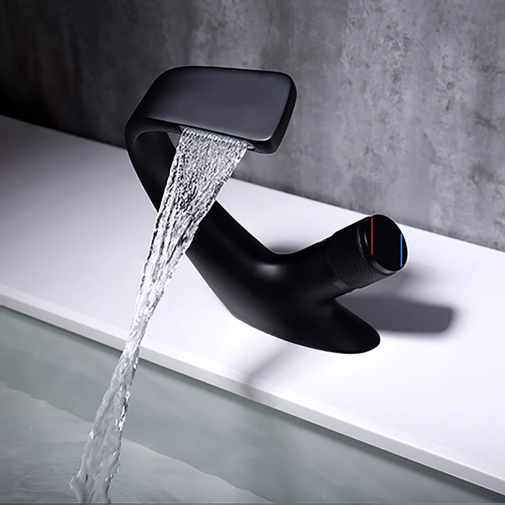 HMR - Contemporary Creative Single Handle 1-Hole Waterfall Bathroom Sink Faucet in Black