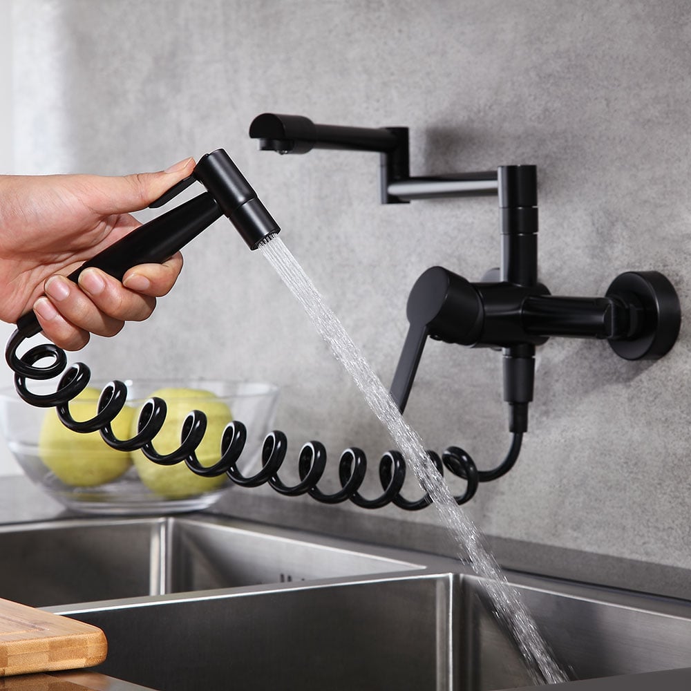 HMR - Modern Retractable Wall-Mounted Kitchen Faucet with Spray in Black