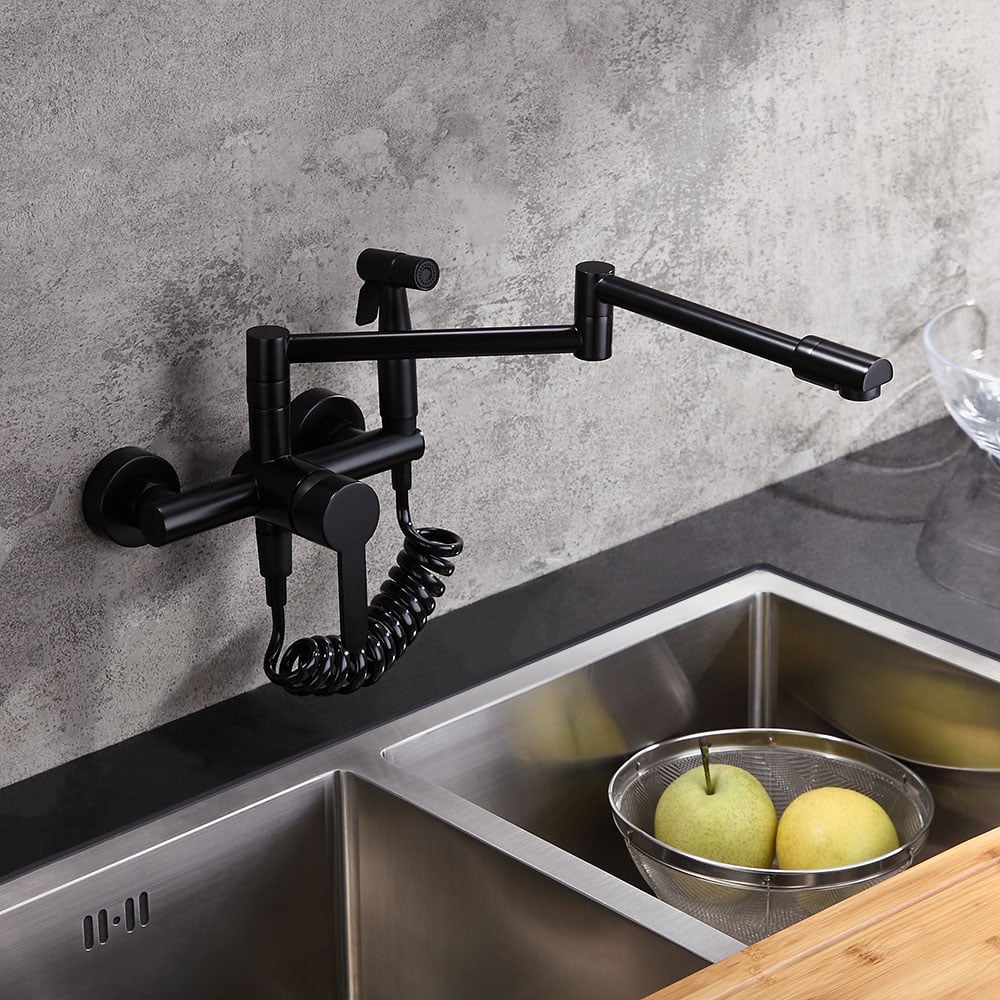 HMR - Modern Retractable Wall-Mounted Kitchen Faucet with Spray in Black