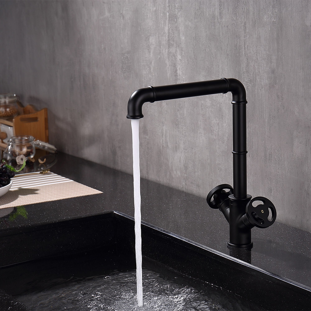 HMR - Ruth Industrial Single Hole Double Handle Kitchen Faucet in Black