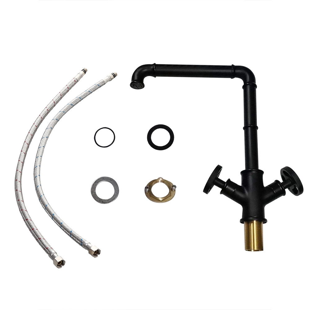 HMR - Ruth Industrial Single Hole Double Handle Kitchen Faucet in Black