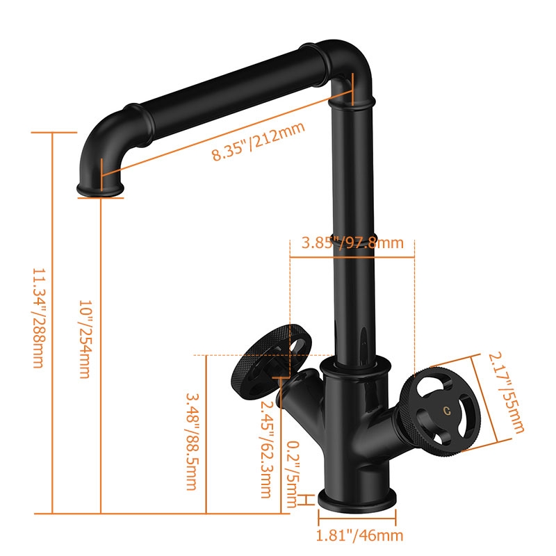 HMR - Ruth Industrial Single Hole Double Handle Kitchen Faucet in Black
