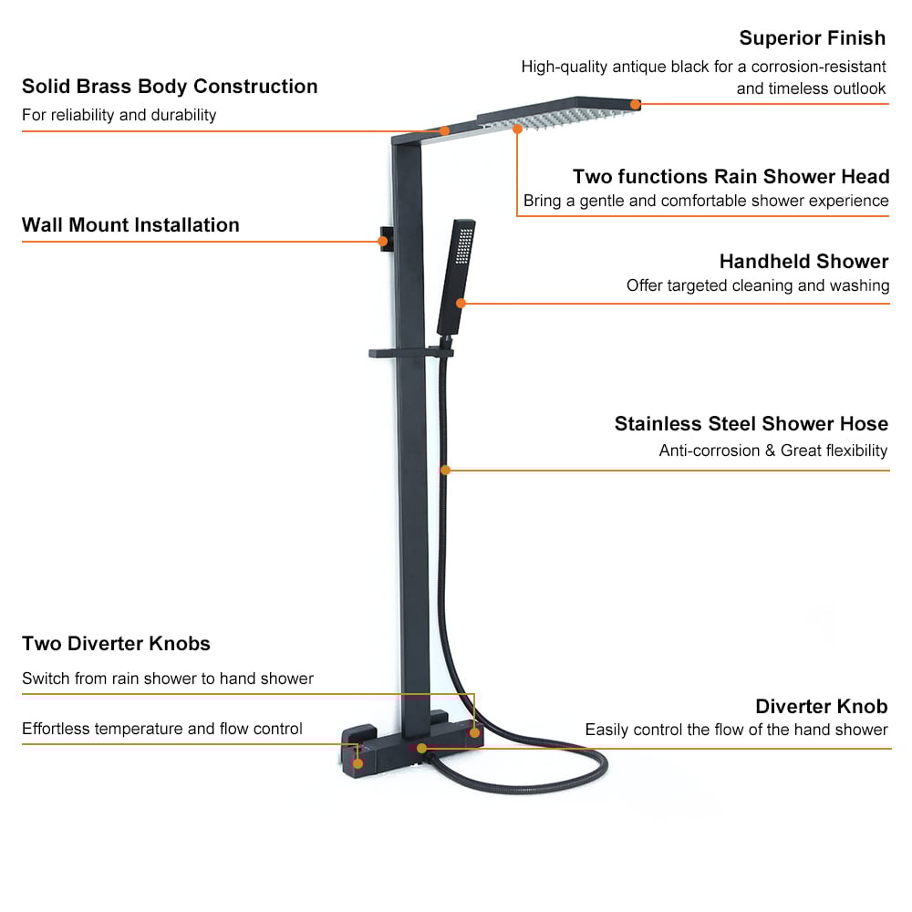 HMR - Shower Fixture with Rain Shower Head and Hand Shower in Black