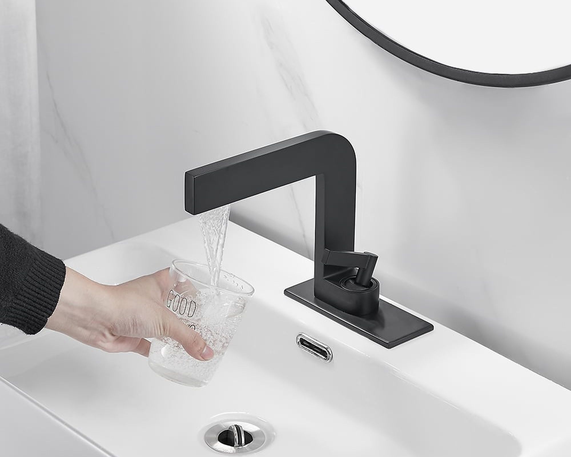 HMR - Waterfall Single Handle Bathroom Sink Faucet with Escutcheon