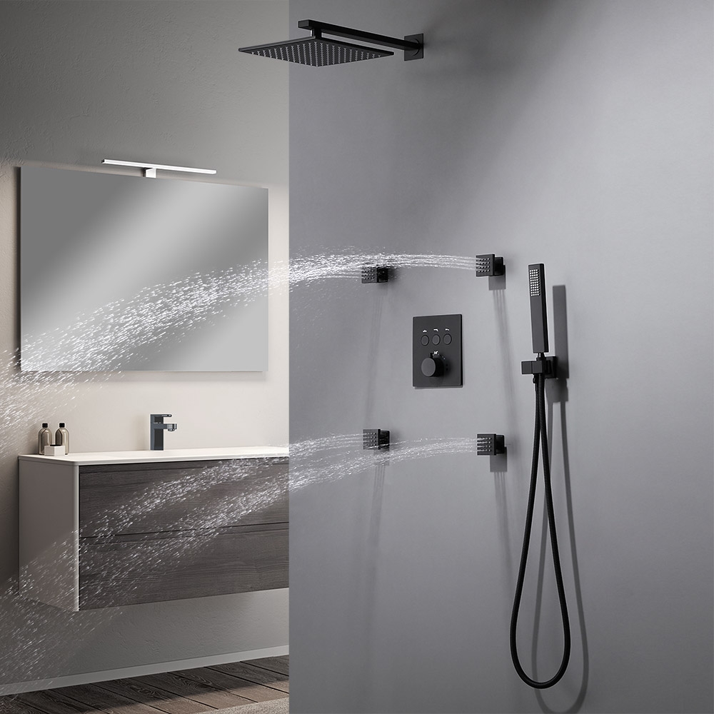 HMR - Black Thermostatic Shower System with 4 Body Jets and Hand Shower in Shower Head 12"