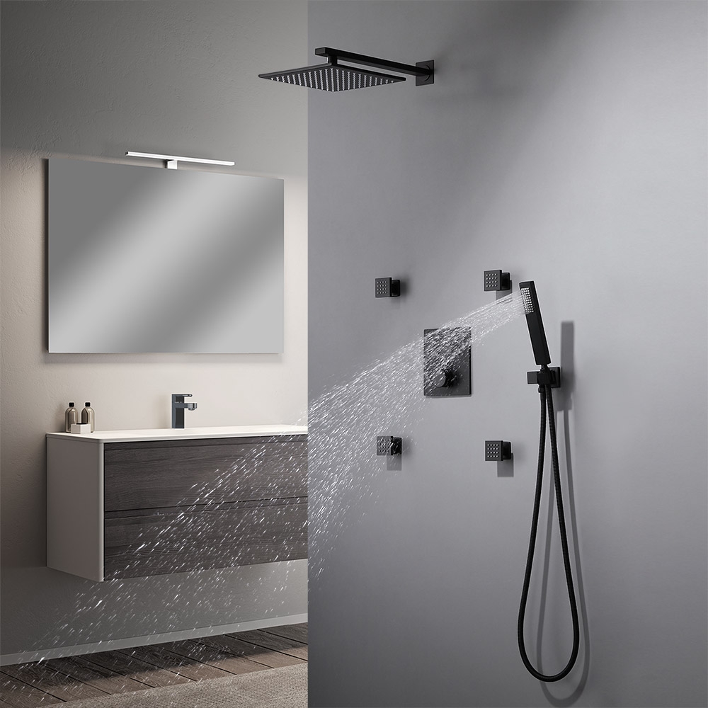 HMR - Black Thermostatic Shower System with 4 Body Jets and Hand Shower in Shower Head 12"