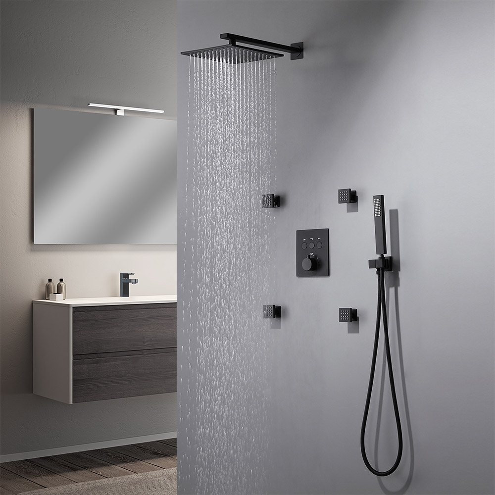 HMR - Black Thermostatic Shower System with 4 Body Jets and Hand Shower in Shower Head 12"