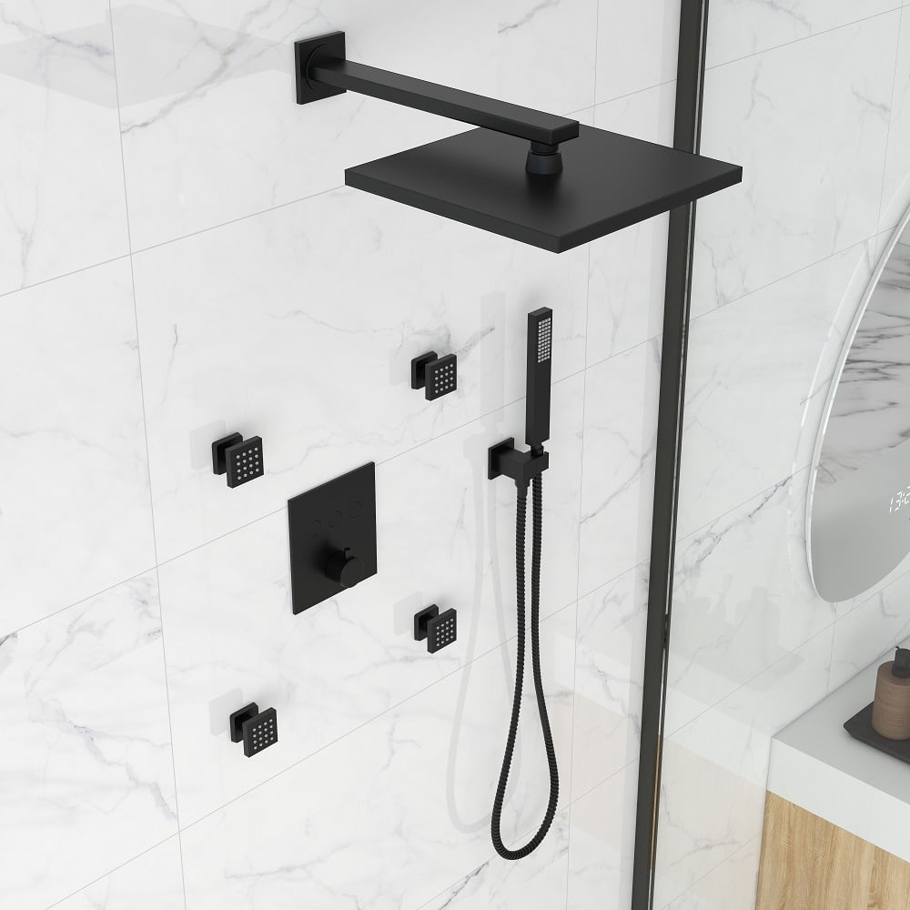 HMR - Black Thermostatic Shower System with 4 Body Jets and Hand Shower in Shower Head 12"