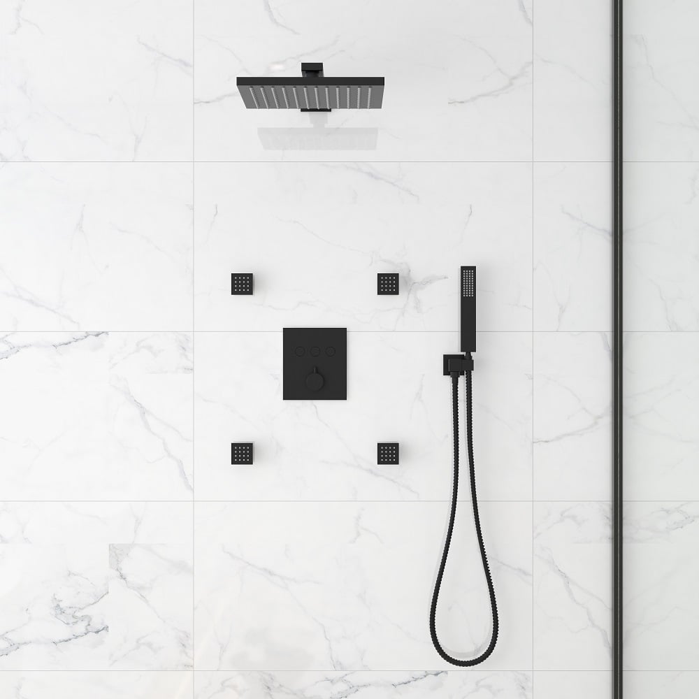 HMR - Black Thermostatic Shower System with 4 Body Jets and Hand Shower in Shower Head 12"