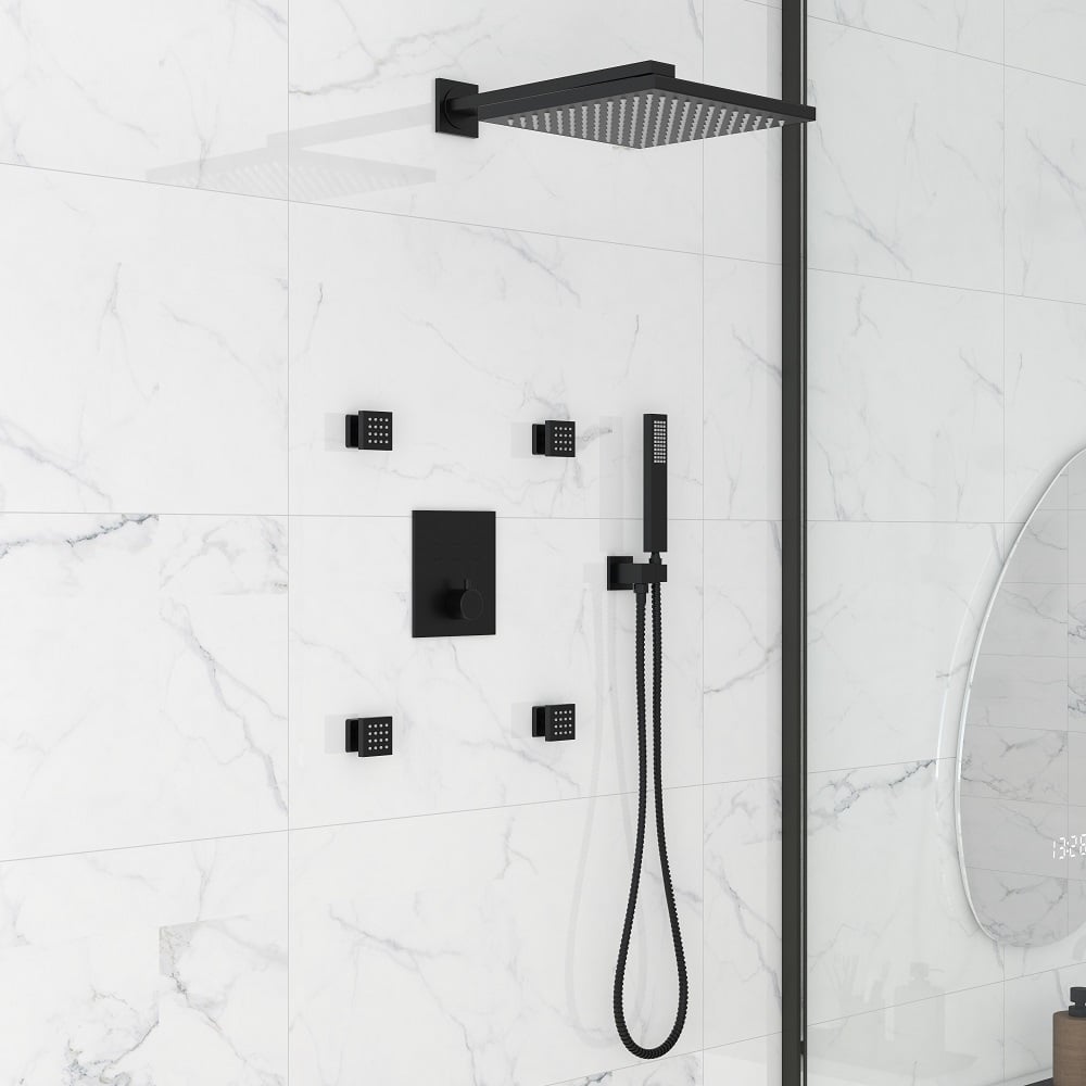 HMR - Black Thermostatic Shower System with 4 Body Jets and Hand Shower in Shower Head 12"