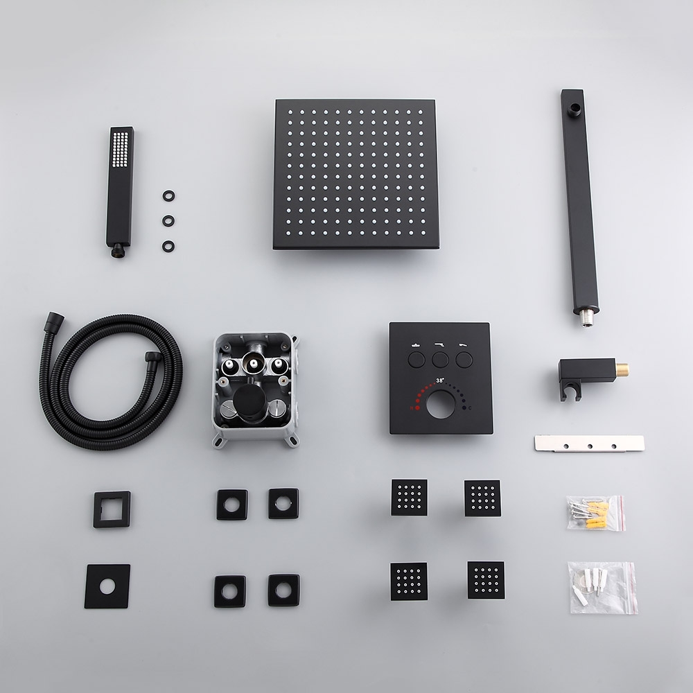 HMR - Black Thermostatic Shower System with 4 Body Jets and Hand Shower in Shower Head 12"