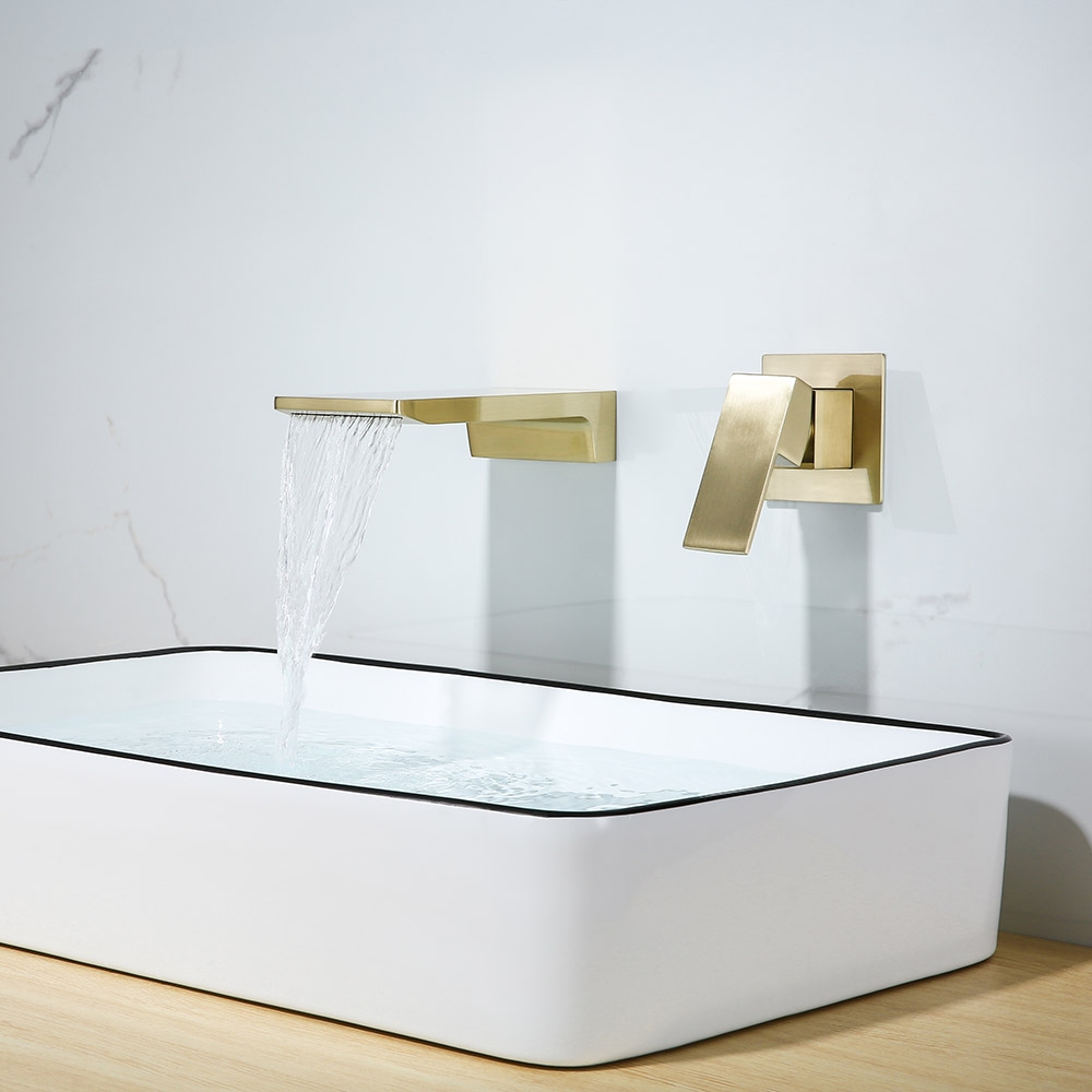 HMR - Waterfall Wall Mounted Sink Faucet Single Handle in Brushed Gold