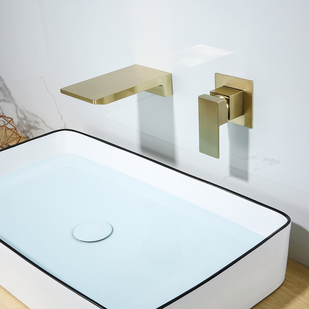 HMR - Waterfall Wall Mounted Sink Faucet Single Handle in Brushed Gold
