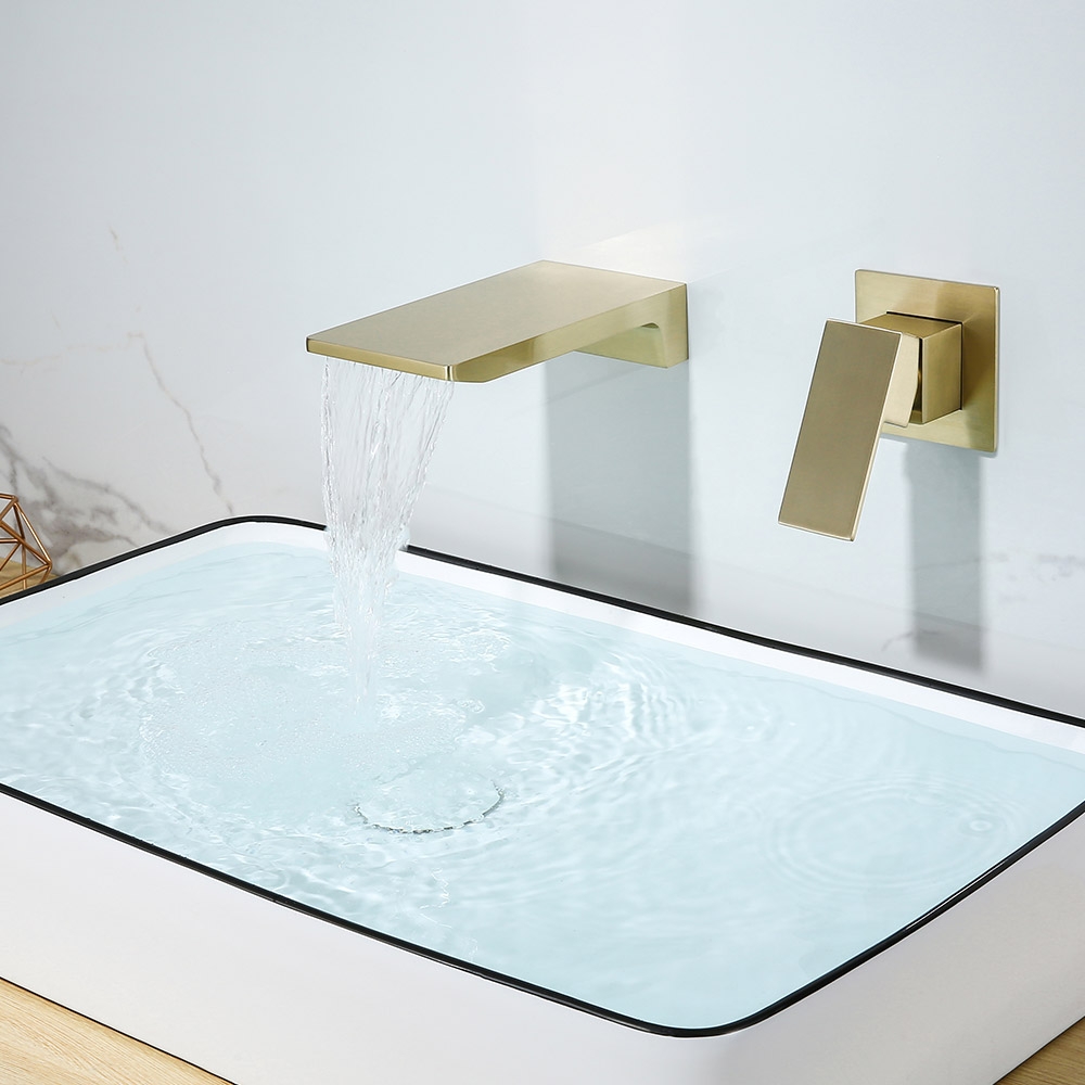 HMR - Waterfall Wall Mounted Sink Faucet Single Handle in Brushed Gold