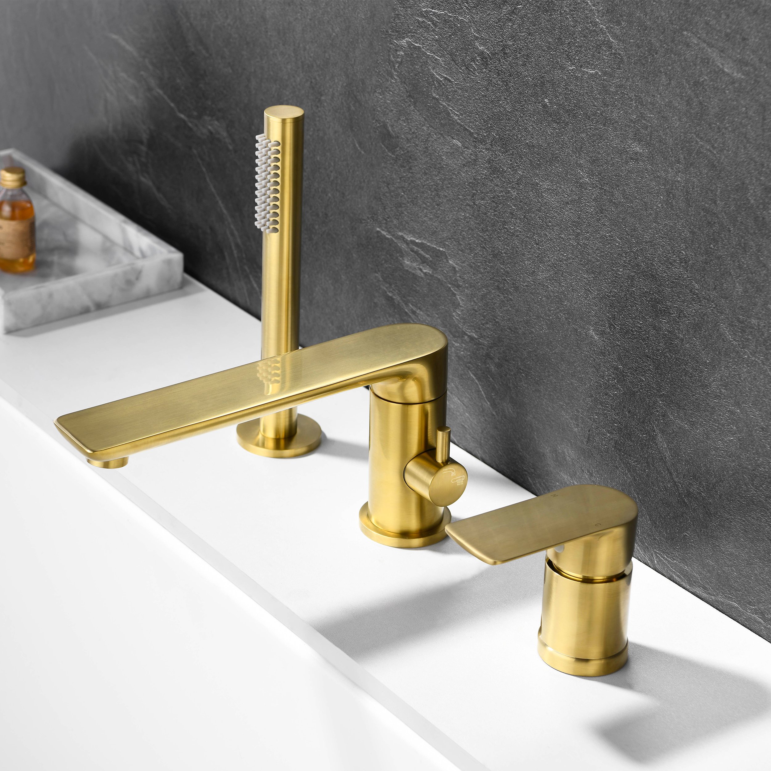 HMR - Brushed Deck-Mount Roman Bathtub Filler Faucet in Gold, Brass