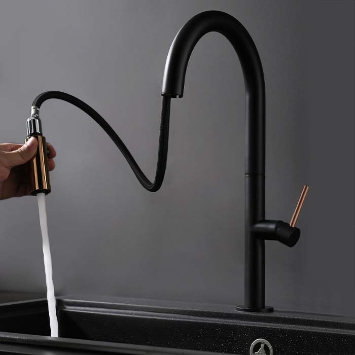 HMR Pull Down Standard Kitchen Faucet with Double Function Handle - Black/Rose Gold